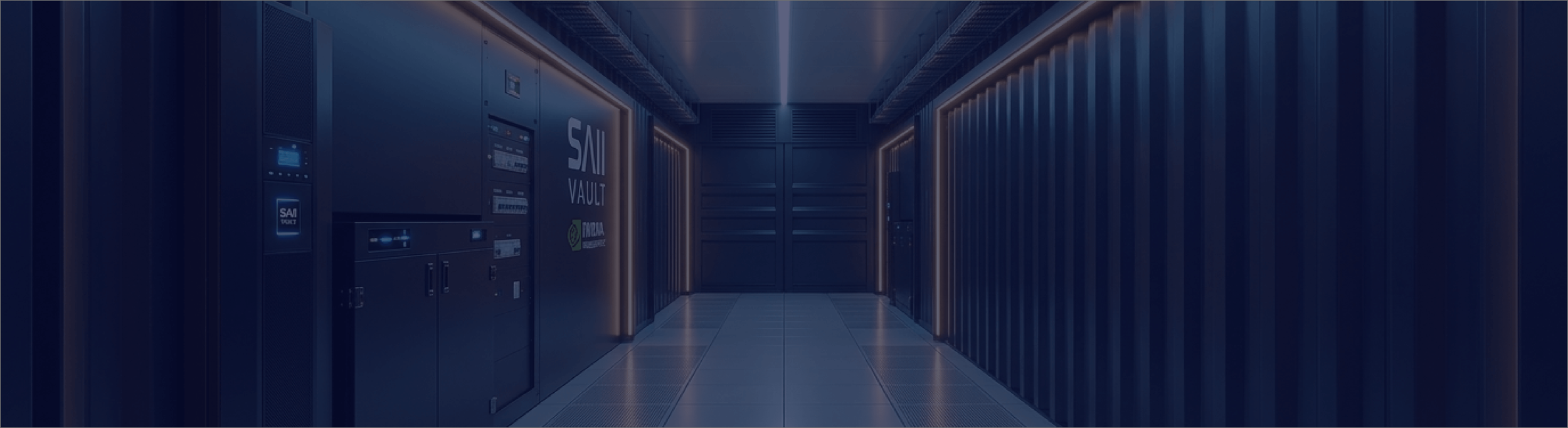 Image of a server room with blue lighting, containing racks of servers and a SAI Vault panel.