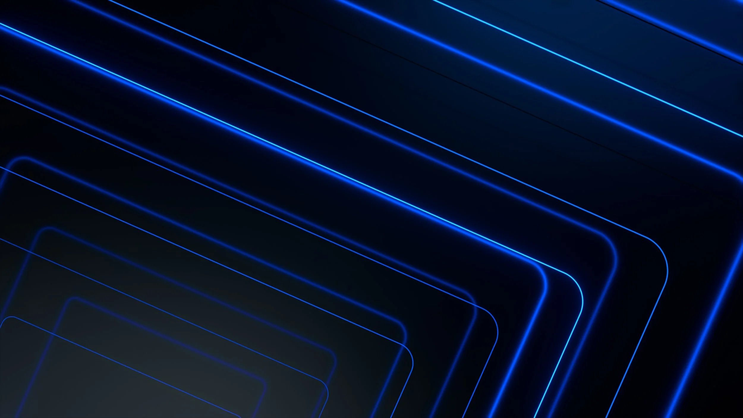 Blue neon light patterns on a dark background, forming geometric shapes and lines.