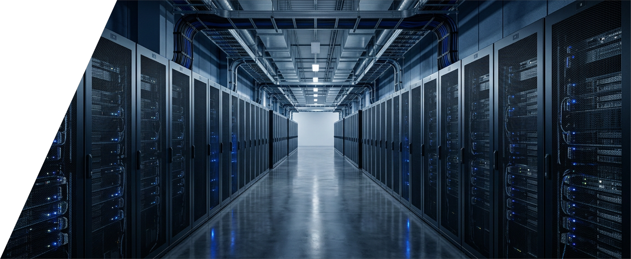 A modern data center with rows of black server racks on both sides, connected by cables overhead, illuminated with blue LED lights, and a polished concrete floor.