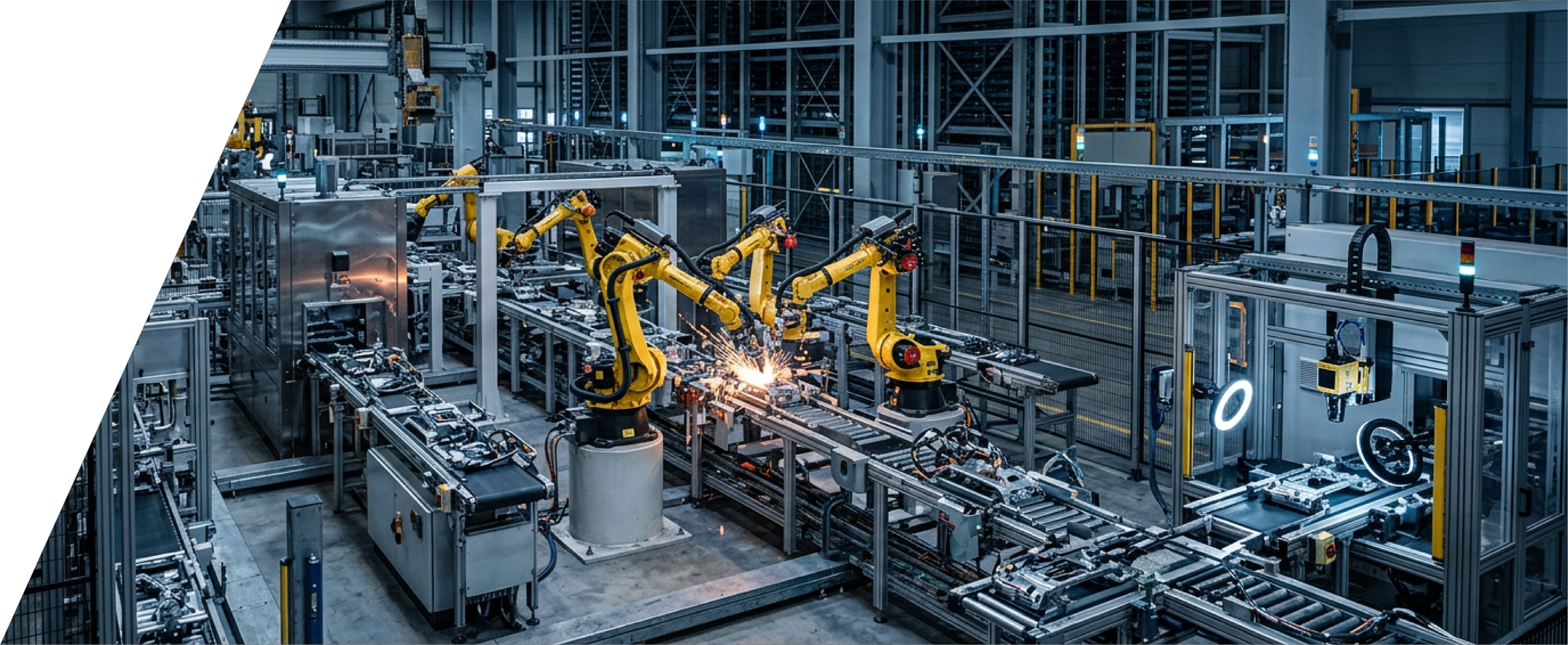 Industrial factory with robotic arms assembling products on a conveyor belt in a high-tech manufacturing setting.
