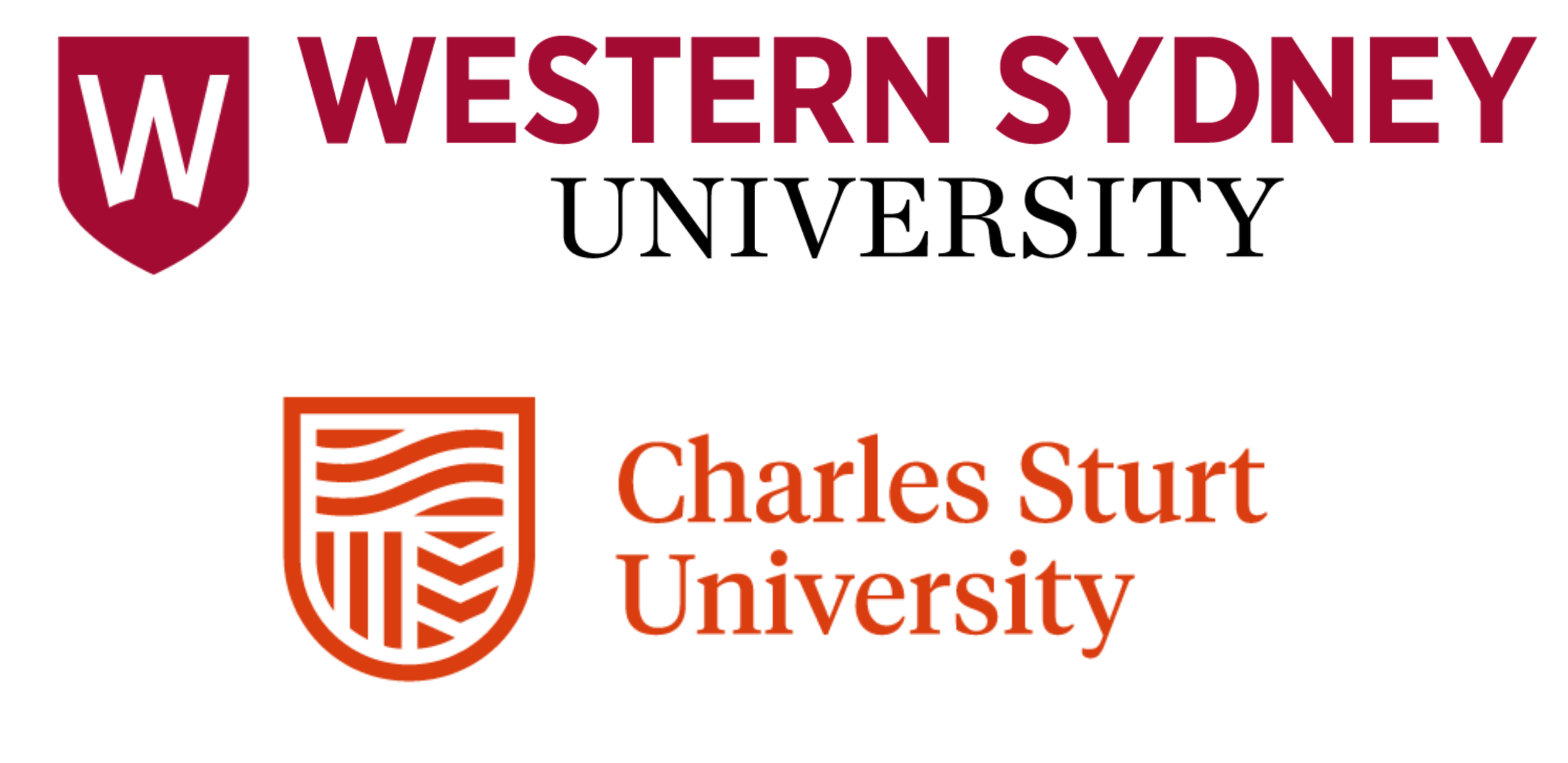 Logos of Western Sydney University and Charles Sturt University against a cloudy blue sky background.