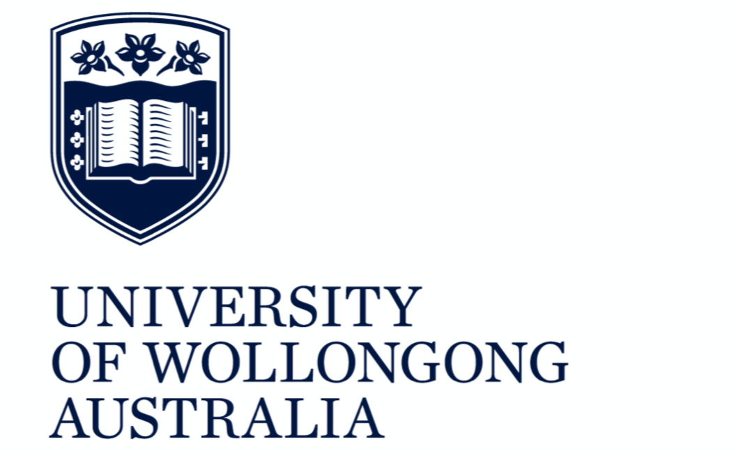 Logo of the University of Wollongong in Australia, featuring a shield with an open book and floral designs, with the university name written below.