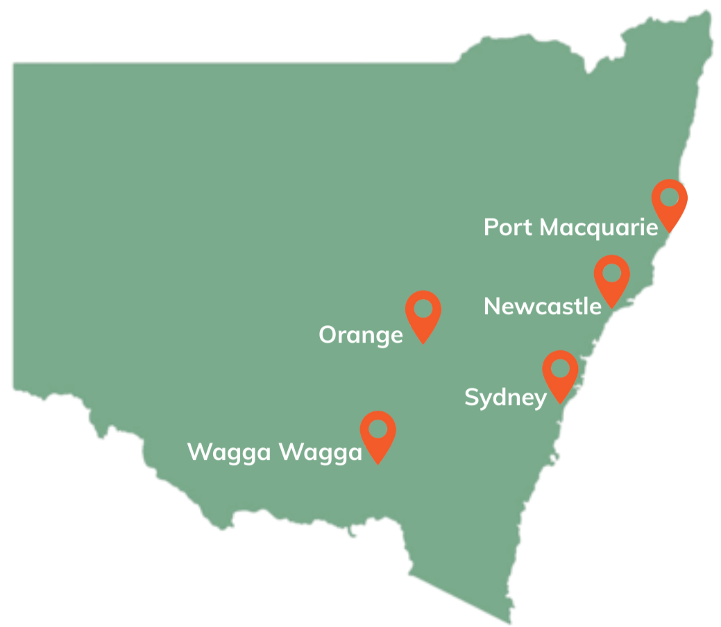 Map of Australia with labeled locations: Wagga Wagga, Orange, Sydney, Newcastle, Port Macquarie.