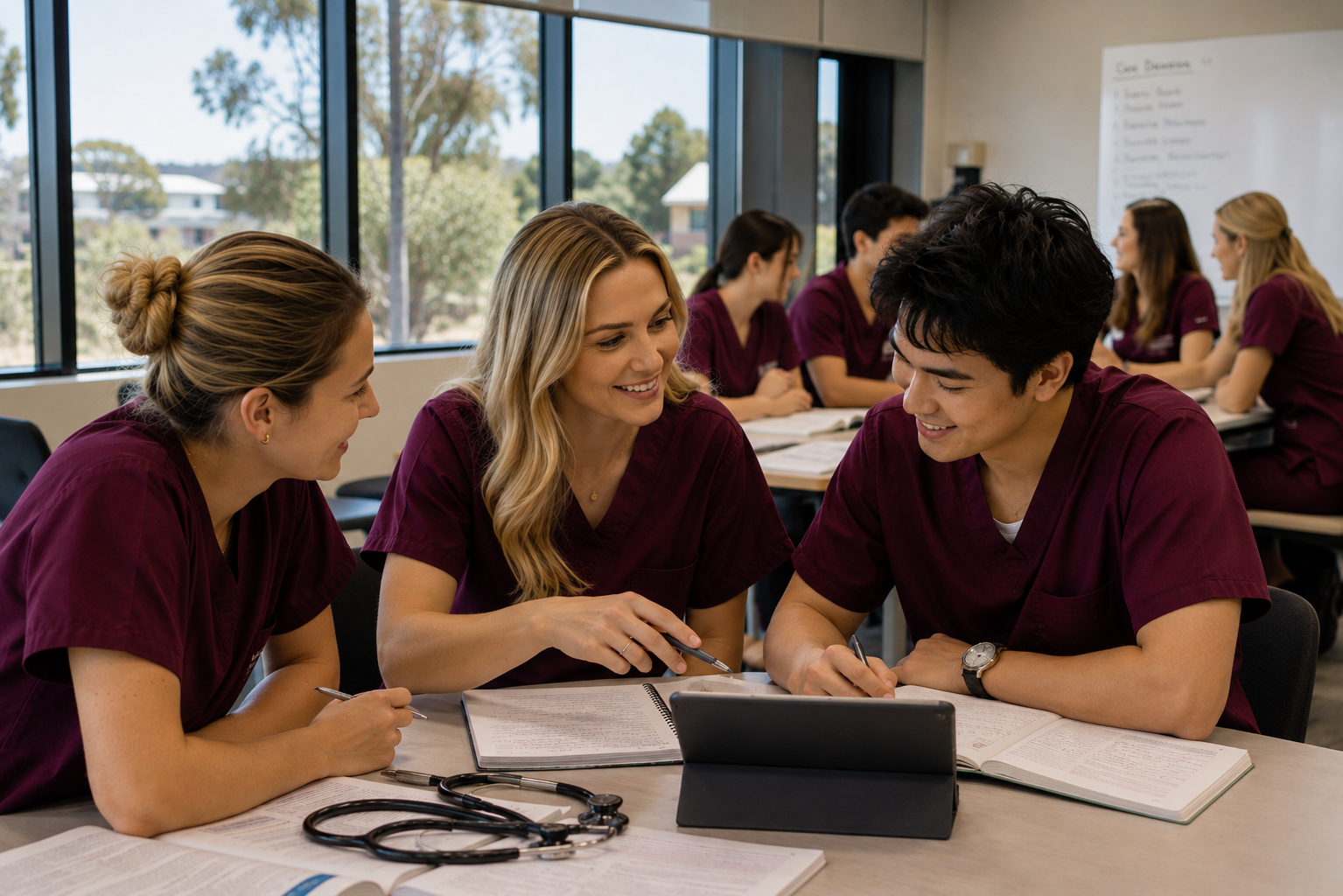 Medical students in scrubs studying together in a classroom with large windows.