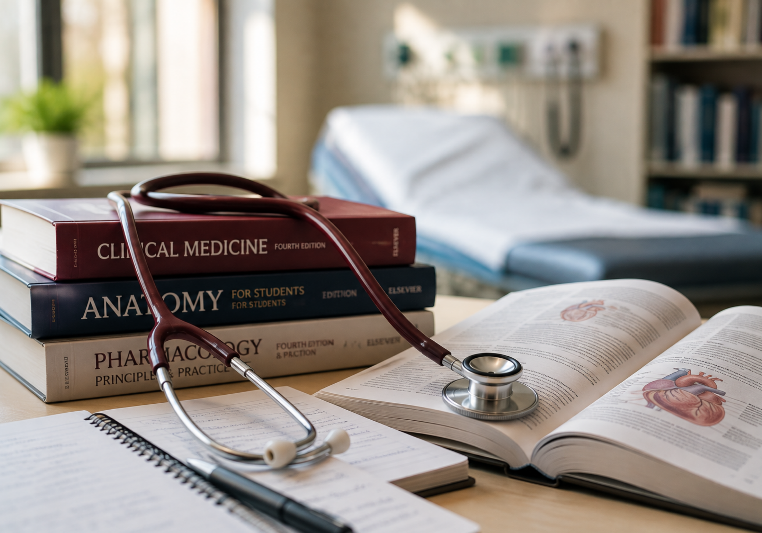 A stack of medical textbooks on clinical medicine, anatomy, and pharmacology on a desk with an open anatomy book, a notebook, and a stethoscope.