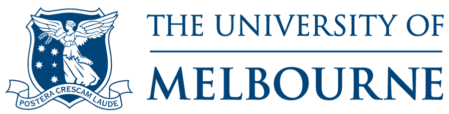 The logo of the University of Melbourne featuring a shield with a winged figure and stars, alongside the university's name.