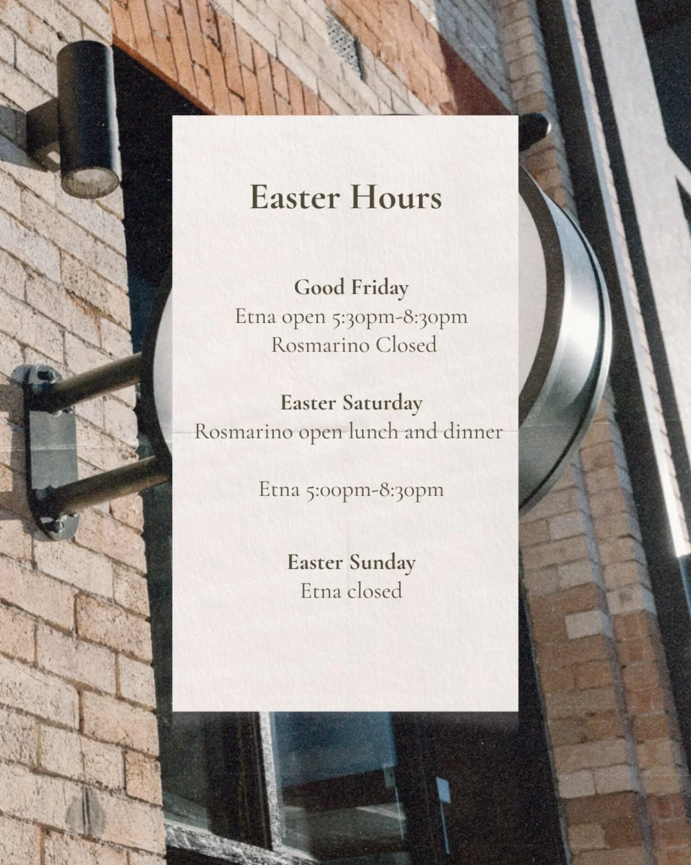 @rosmarino.brisbane and @etna.brisbane Easter hours

🐣🐣