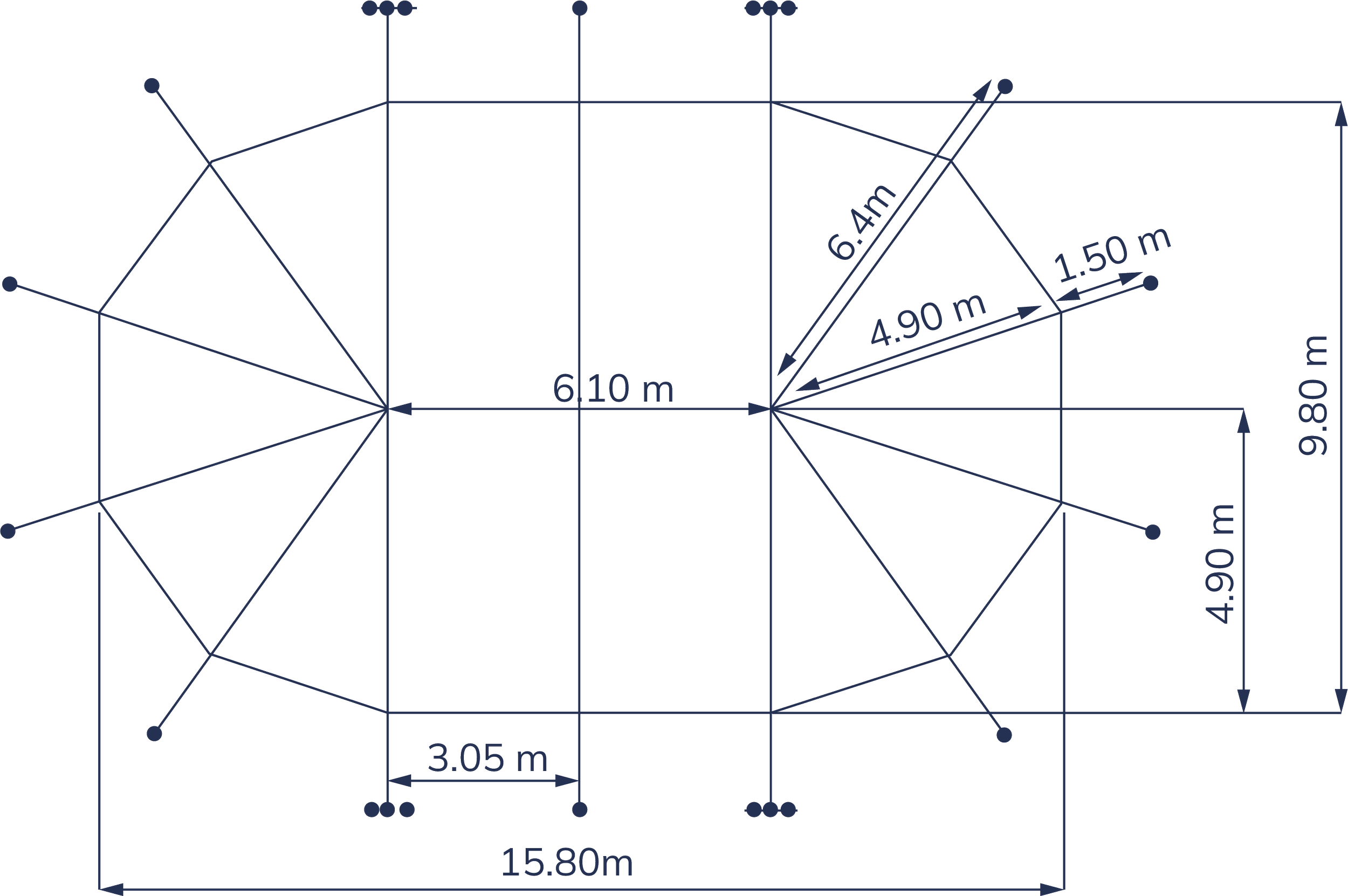 Technical diagram showing various measurements and distances of a structure, including lengths of 6.10 meters, 15.80 meters, 3.05 meters, 9.80 meters, and multiple angled lines with distances like 1.50 meters, 4.90 meters, 6.40 meters, and 4.90 meters.