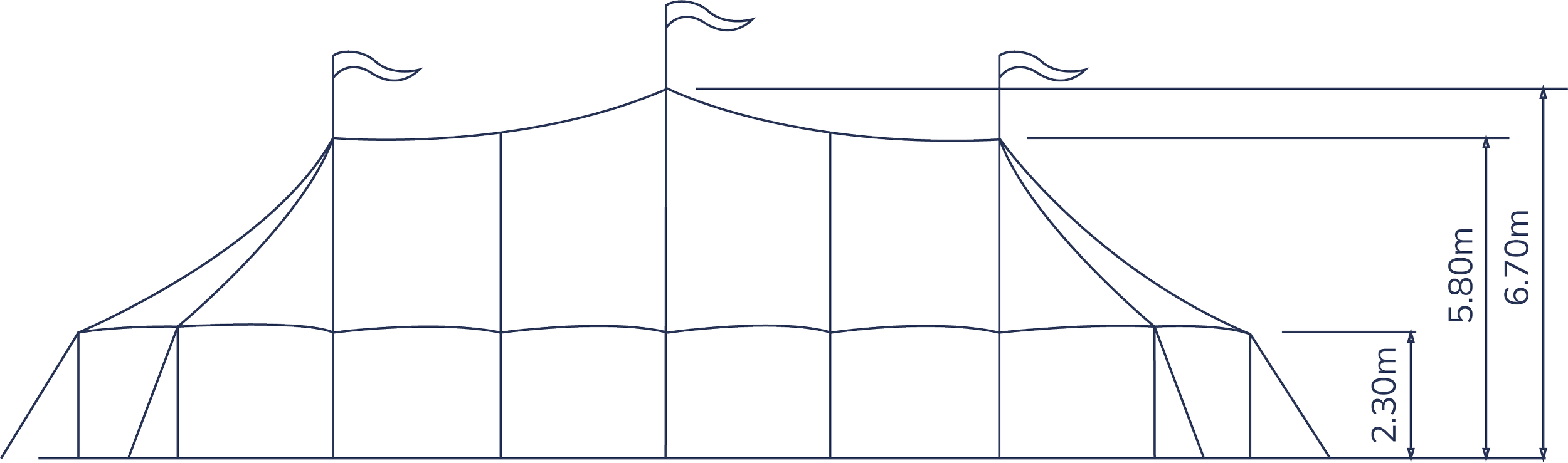 Technical drawing of a circus tent, showing height measurements and structural details.