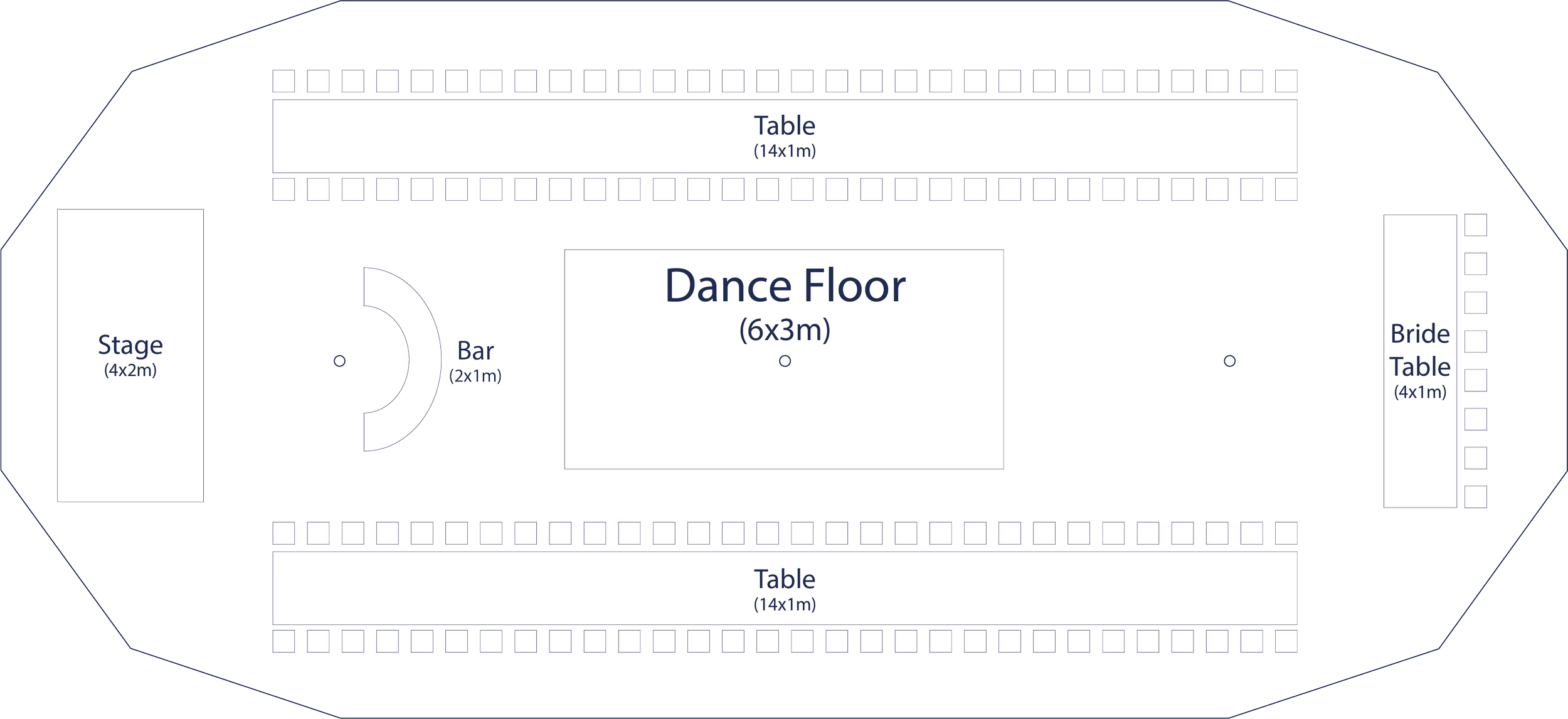 Floor plan of a party or event space with a stage, dance floor, two long tables, a bar, bride and groom tables, and seating around the perimeter.