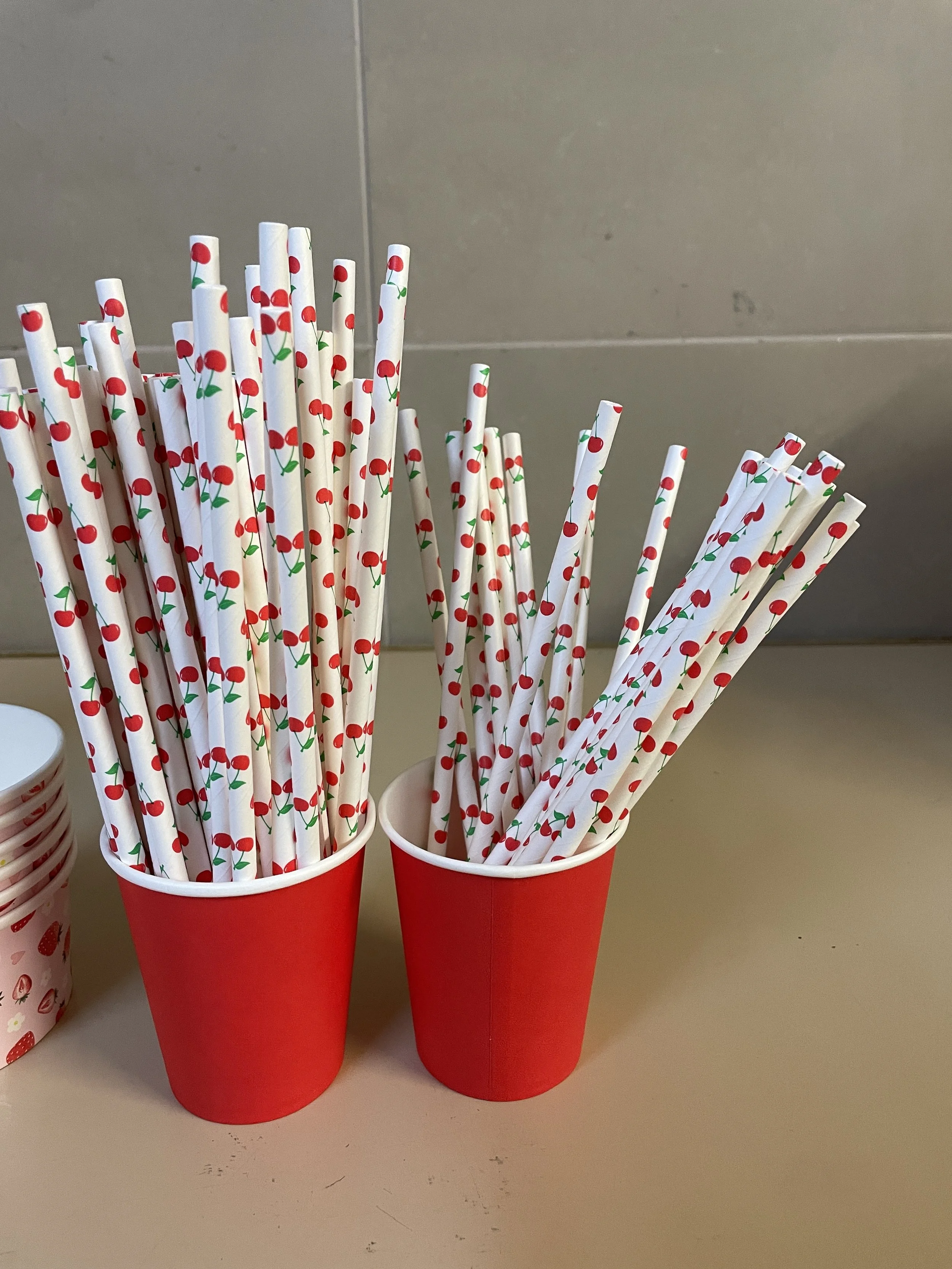 White and Red Cherry Paper Straws 