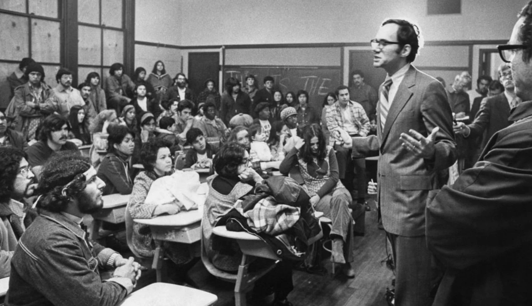 "Seattle City Council member John Miller addresses the Beacon Hill activists on October 12, 1972."