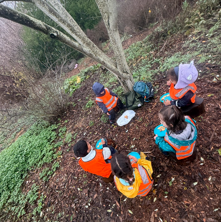Young boy in rain boots and yellow rain pants running on grass in a backyard, wearing a white shirt and a harness.