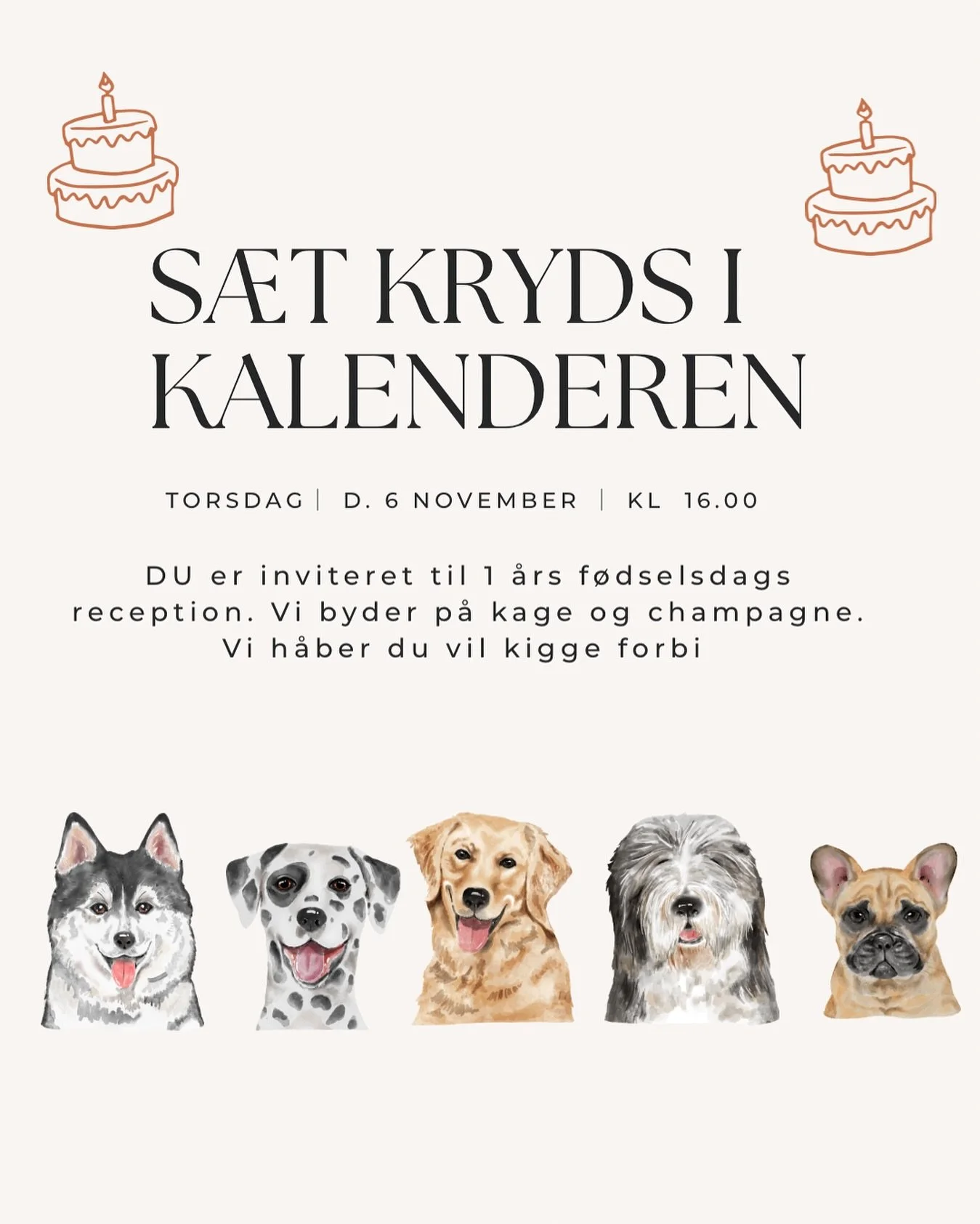 🎉 Vi har fødselsdag – og du er inviteret! 🥂🍰
Torsdag d. 6. november kl. 16.00 inviterer vi til 1-års fødselsdags reception hos AtelierPetit ✨
Vi fejrer dagen med kage, champagne og masser af hygge 🐶💛
Kom og vær m