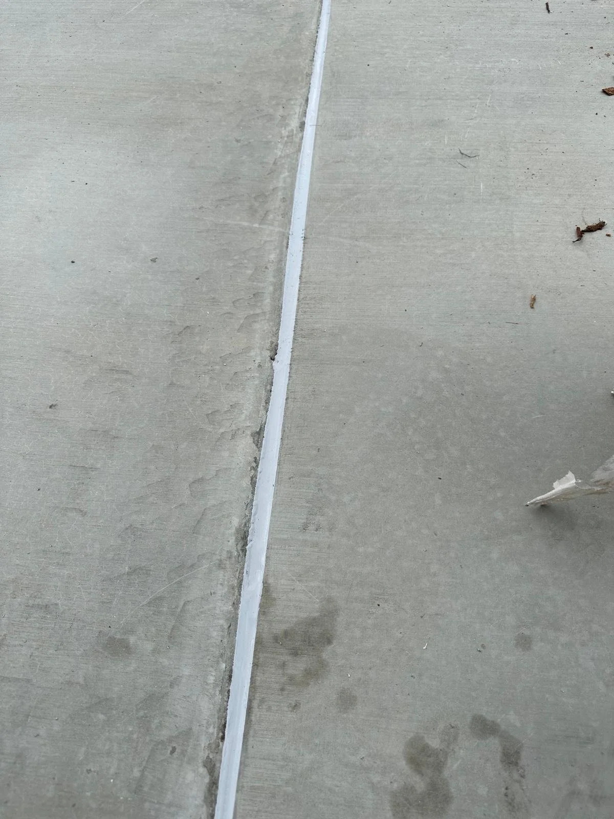 Concrete sidewalk with visible expansion joint and some small scattered debris and stains.