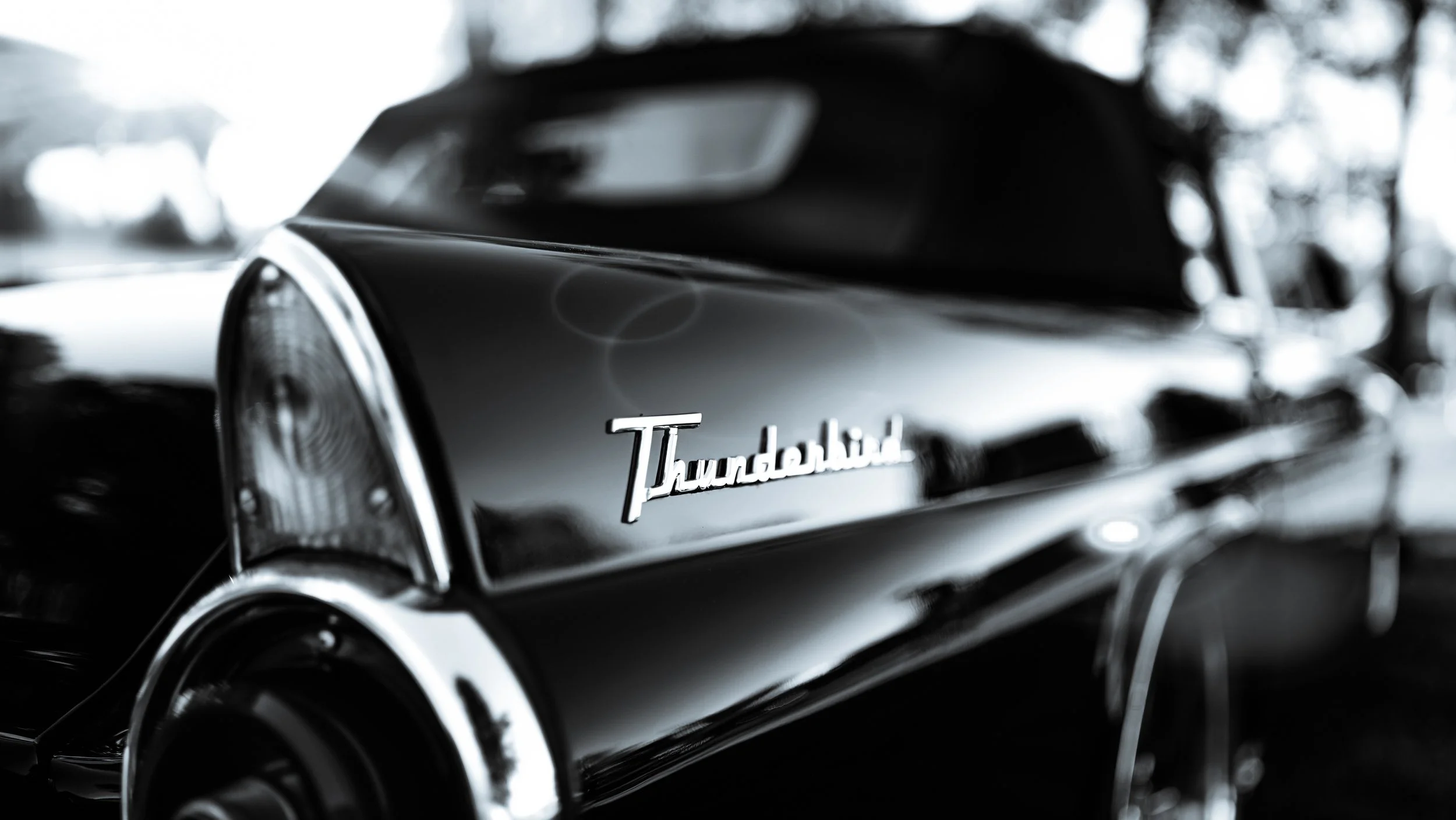 Nærbilde av en svart bil med emblem av modellnavn 'Thunderbird' på siden, i svart-hvitt.