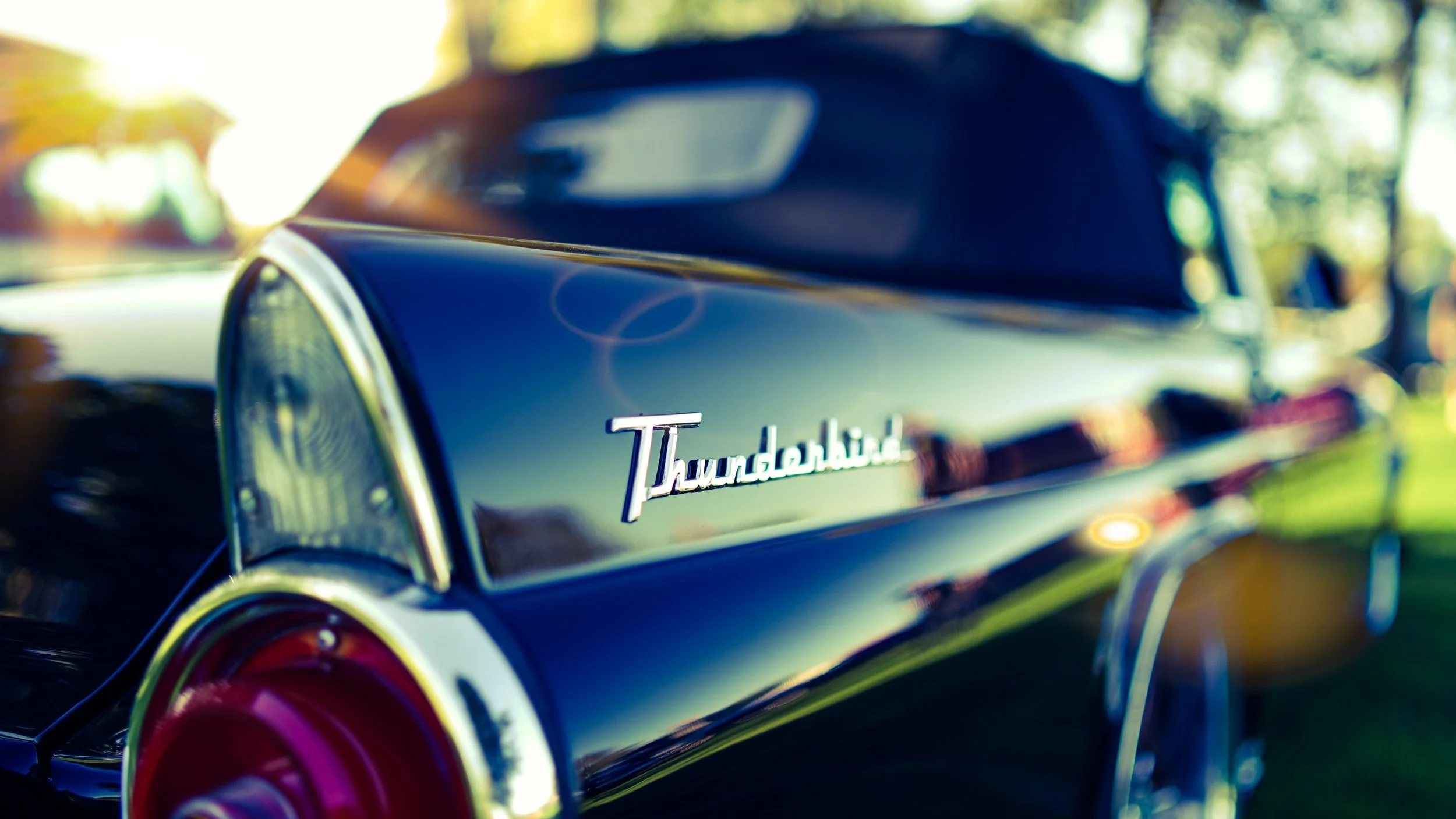 Nærbilde av en svart Ford Thunderbird med sølvfarget kake på siden, tatt utendørs med bakgrunn av grønne trær og sunn lys.