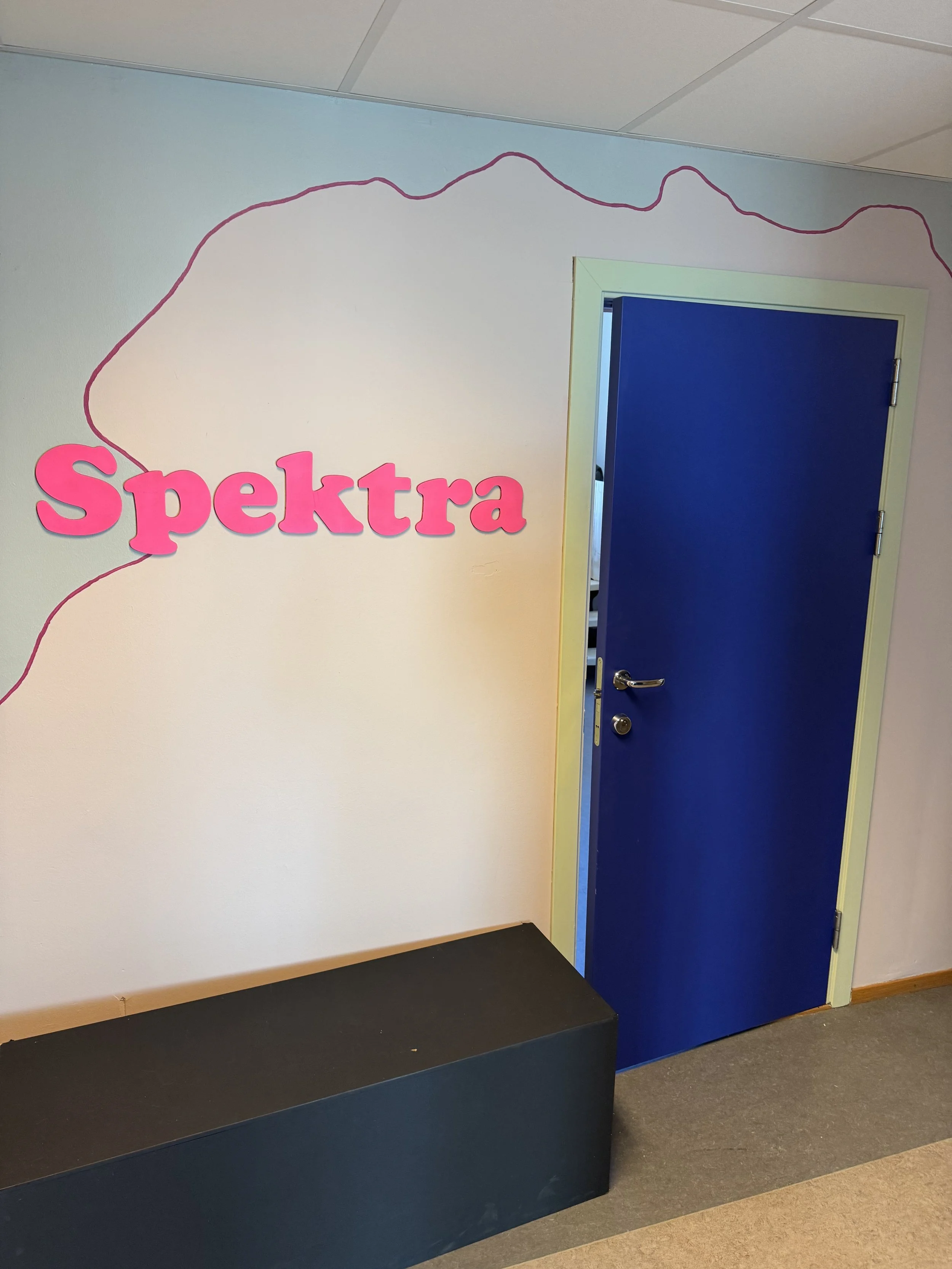 Bilde av døren inn til kontoret til Spektra. Det står Spektra i rosa bokstaver til venstre for døra.
