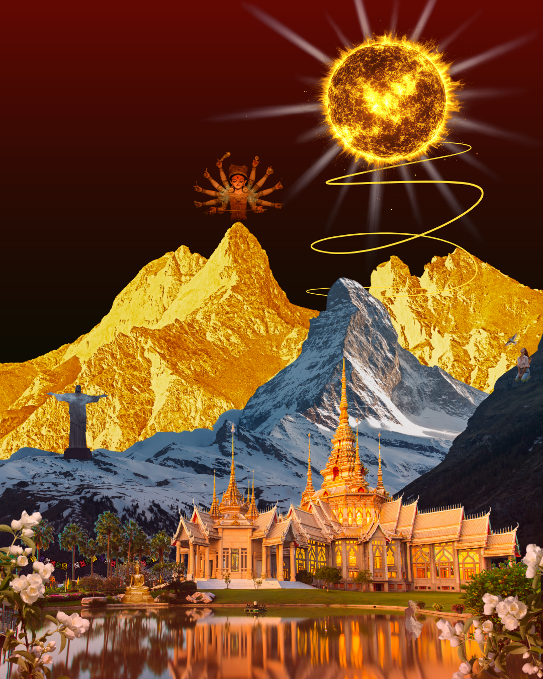 sun burning brightly over a golden mountain with a temple in the foreground