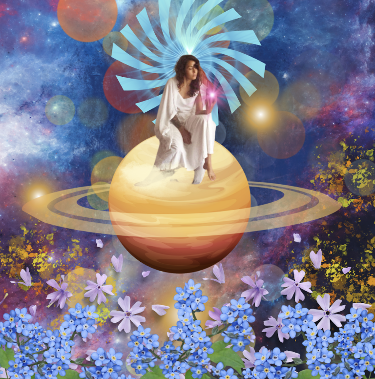 A woman in white robes sitting on a stylized planet with rings, surrounded by colorful cosmic space and flowers, holding a glowing pink object.
