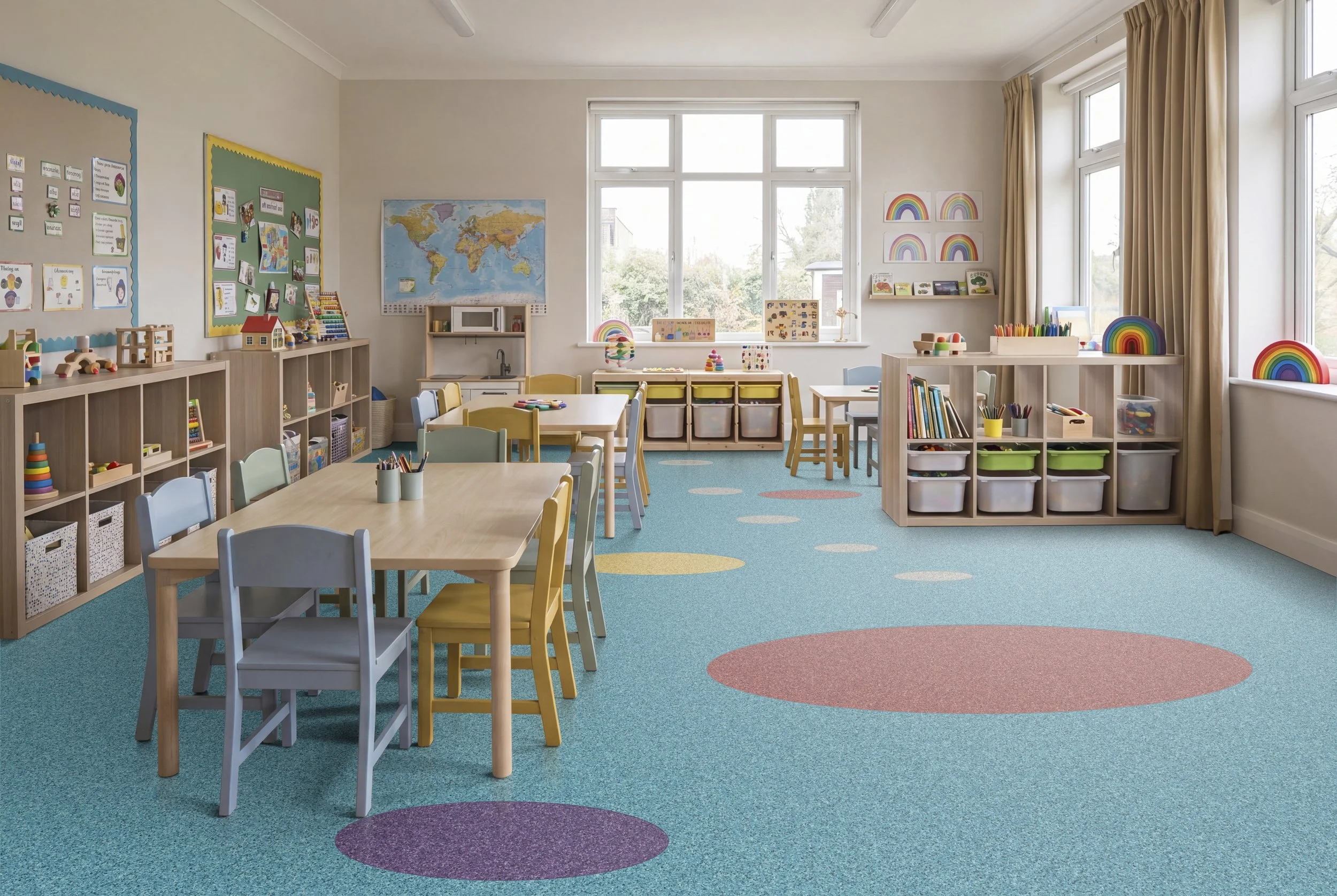 Bright, colourful carpet featuring playful circular patterns has been digitally laid into this vibrant preschool classroom to showcase flooring designed for education and early years environments. The photorealistic CGI highlights a welcoming learnin