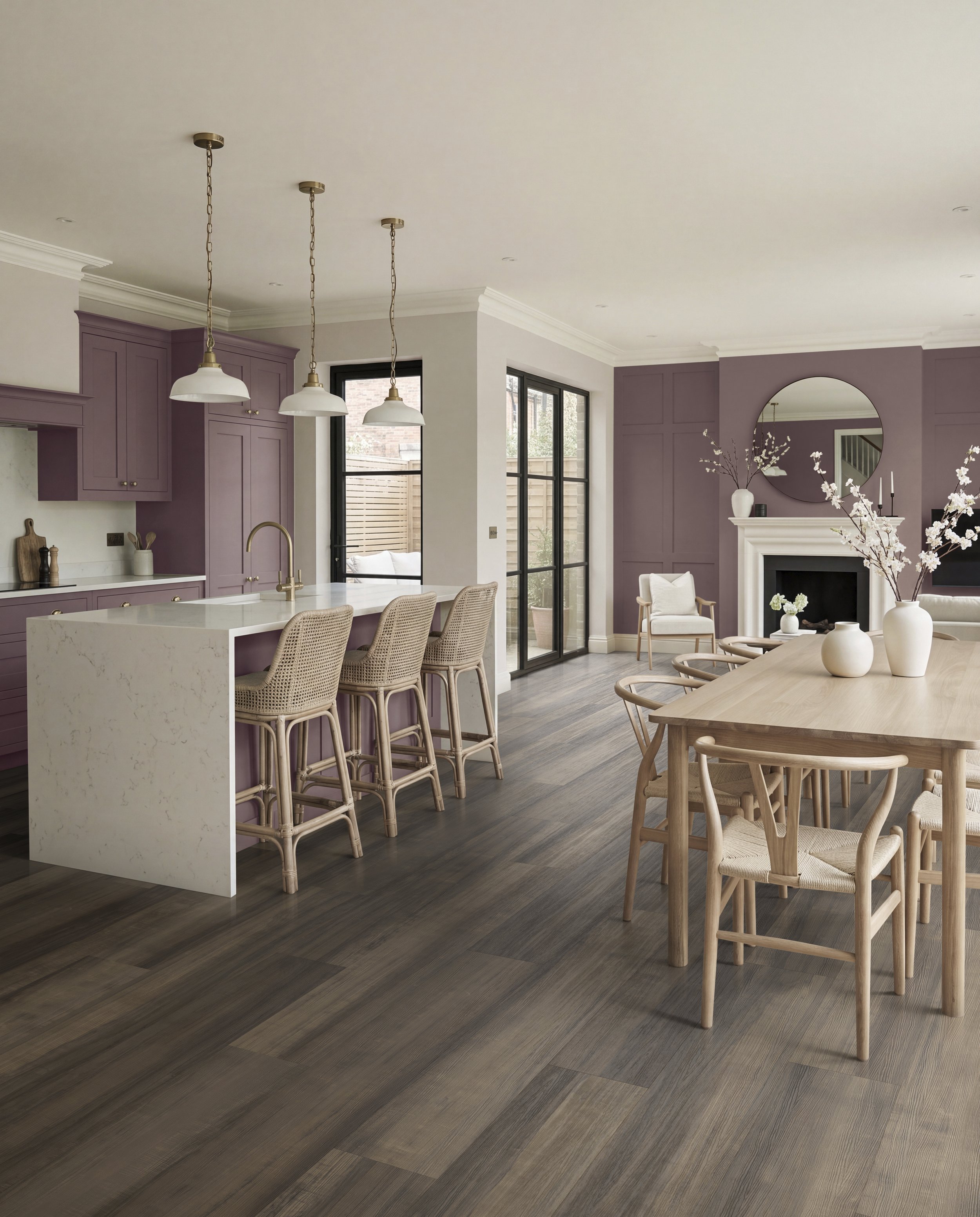 Natural wood-effect LVT flooring has been digitally laid into this contemporary kitchen and dining space to showcase how realistic timber flooring complements bold modern interiors. The bespoke CGI features striking purple cabinetry, crisp white work