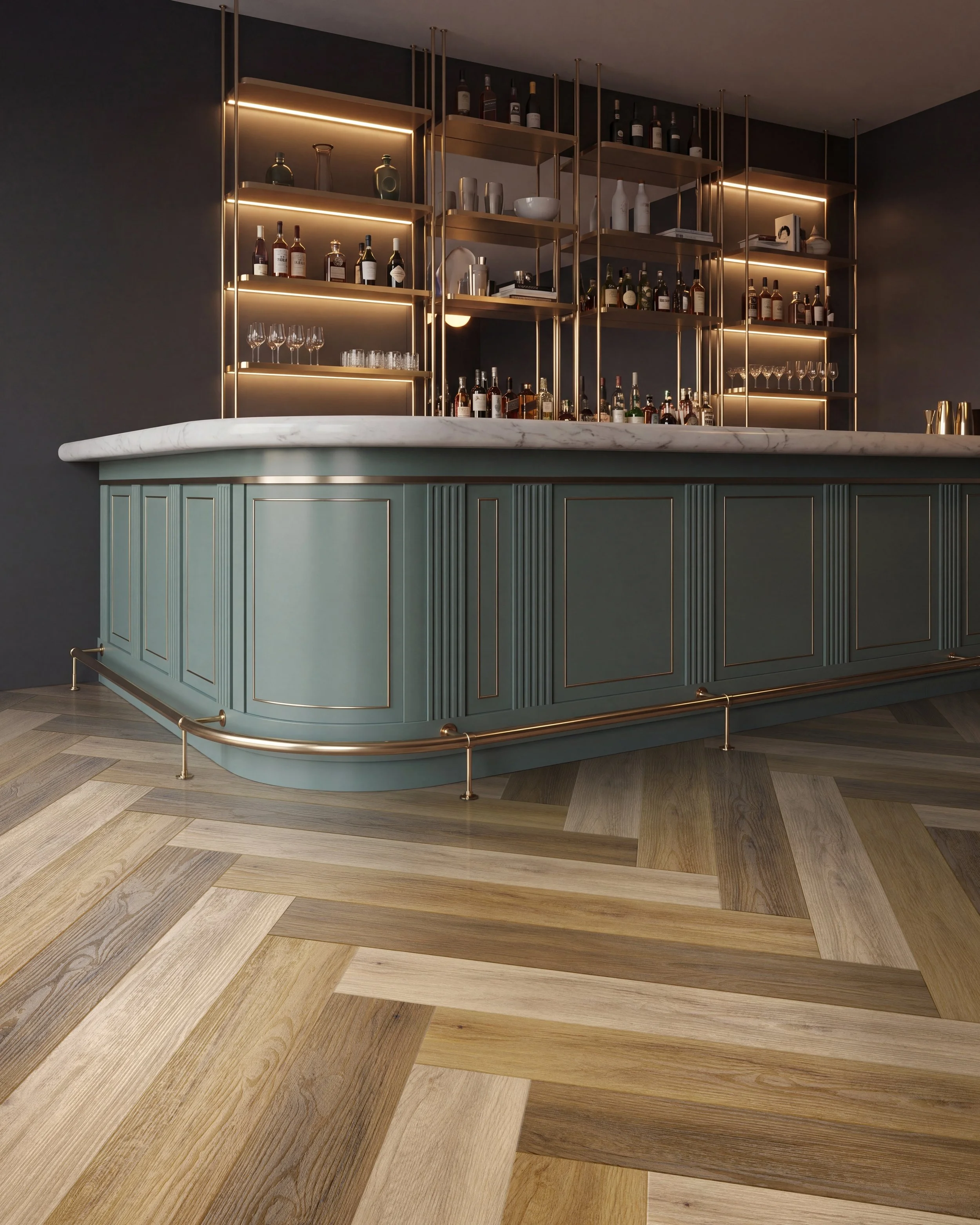 A multi-toned dark and medium oak herringbone LVT floor has been digitally laid into this sophisticated bar interior to showcase the impact of premium patterned flooring in hospitality spaces.