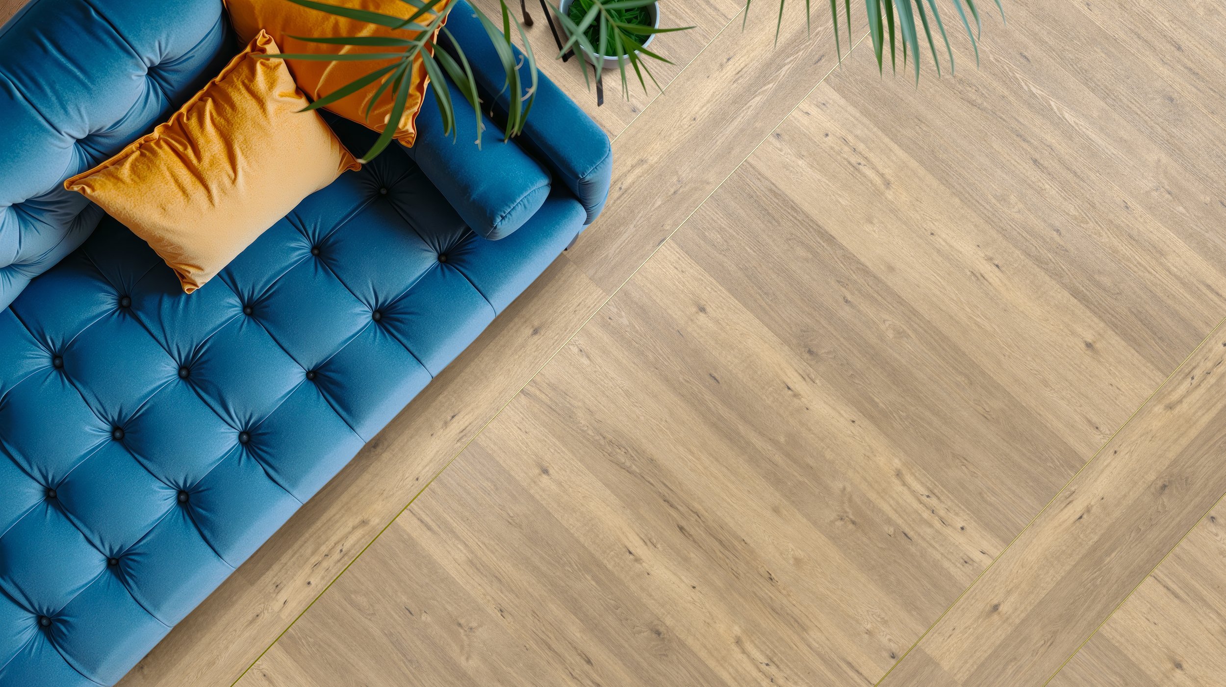 Oak tramline LVT flooring has been digitally laid into this contemporary interior to highlight the distinctive linear pattern and natural character of premium wood-effect flooring. Captured from a top-down perspective, the bespoke CGI features a deep