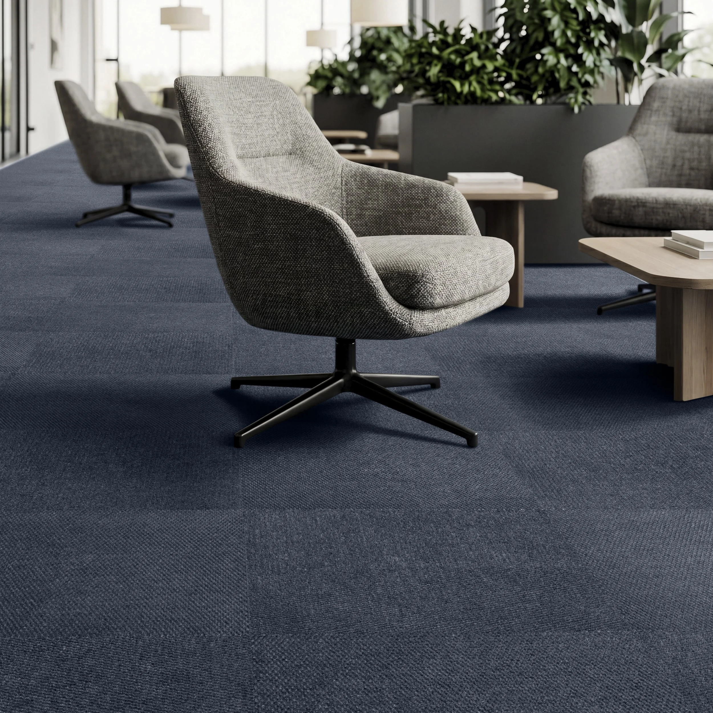 Dark commercial carpet has been digitally laid into this contemporary meeting room to create a comfortable and professional workspace. The bespoke CGI showcases a large conference table, upholstered chairs, natural planting and floor-to-ceiling windo