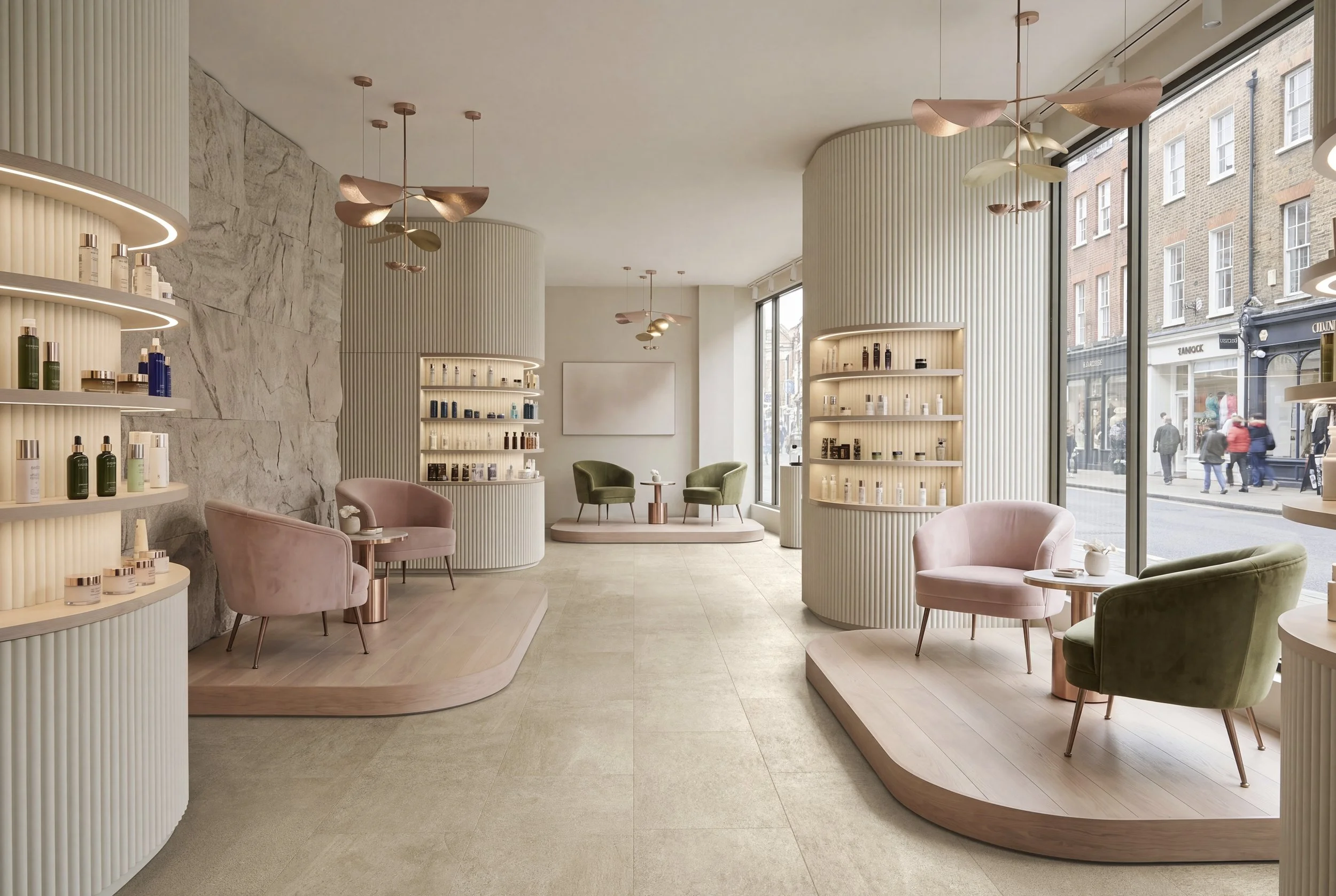 Photorealistic modern café interior featuring premium beige LVT tile flooring installed by a specialist LVT flooring company. The contemporary space includes elegant pink and green velvet chairs, stylish marble and natural wood shelving displaying pr