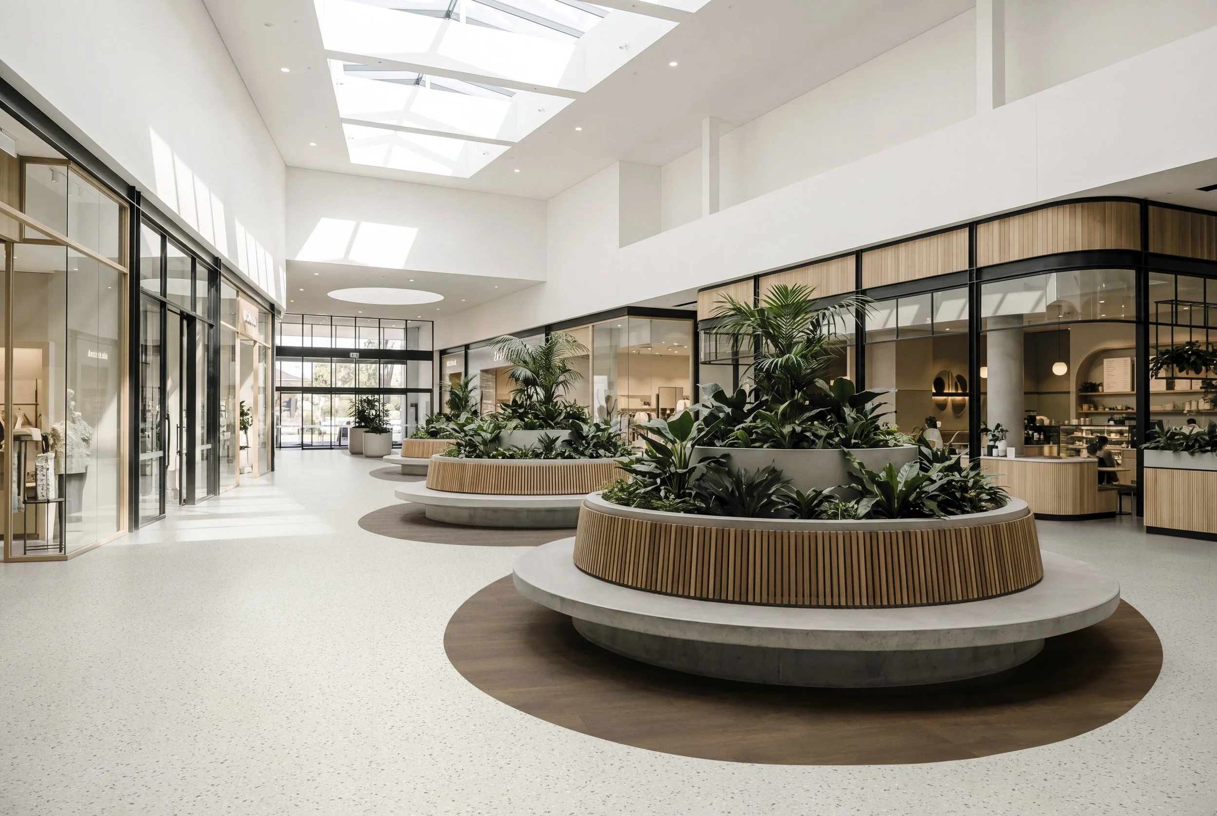 Commercial shopping mall with wood-look LVT and tile-effect flooring, laid by a digital flooring company for realistic CGI, with natural light, large skylights, green plants in round planters, and storefronts with glass windows.