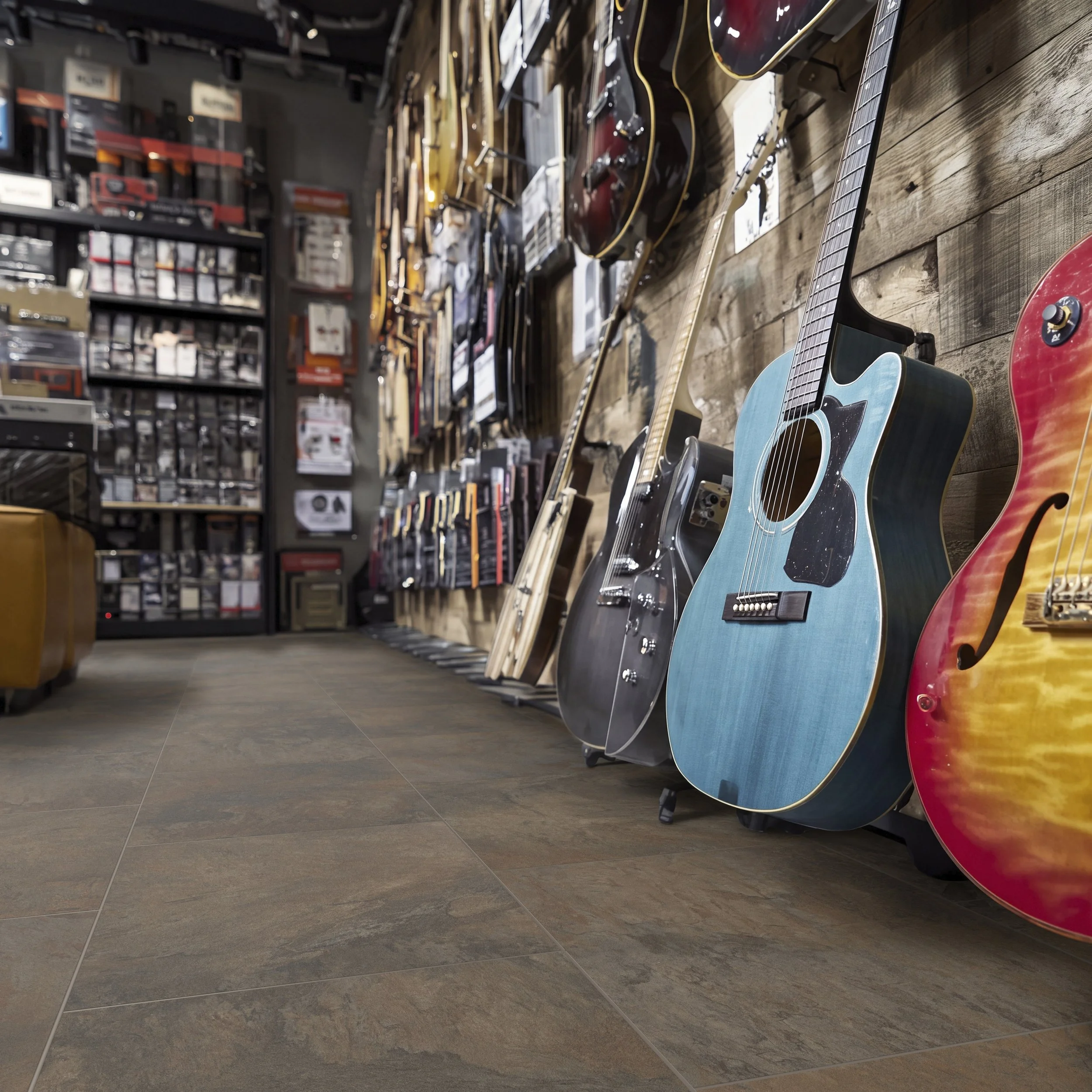 Photorealistic music store interior featuring premium porcelain tile flooring installed by a specialist flooring company. A stylish retail showroom displays multiple acoustic and electric guitars neatly arranged on warm wooden shelving, creating an i