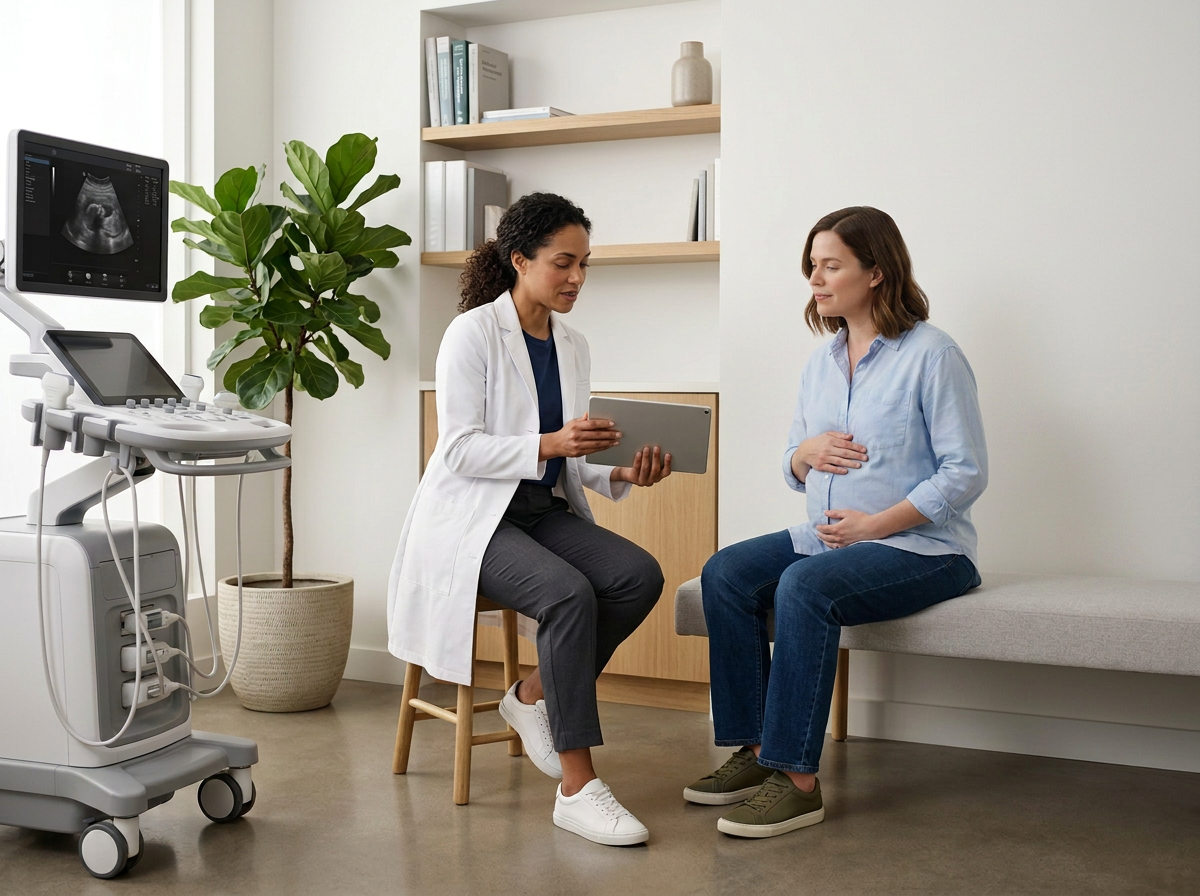 Doctor talking to patient, while sitting next to her. Both are looking at a tablet screen that the doctor is holding. The doctor seems to be explaining something to the patient.