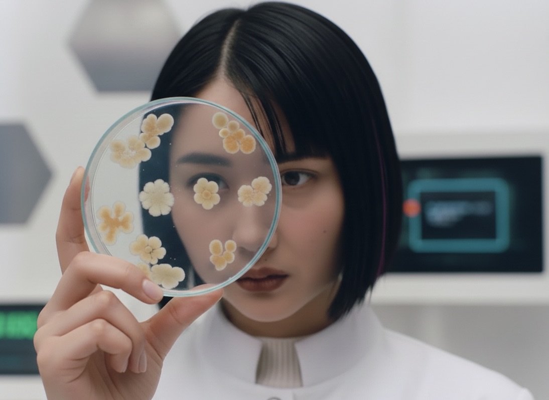 A woman with short black hair holds a magnifying glass close to her face, examining something intently.