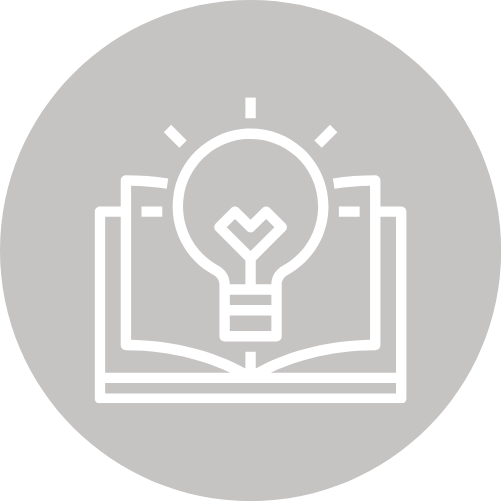 Icon of a light bulb with a heart shape inside, emerging from an open book.