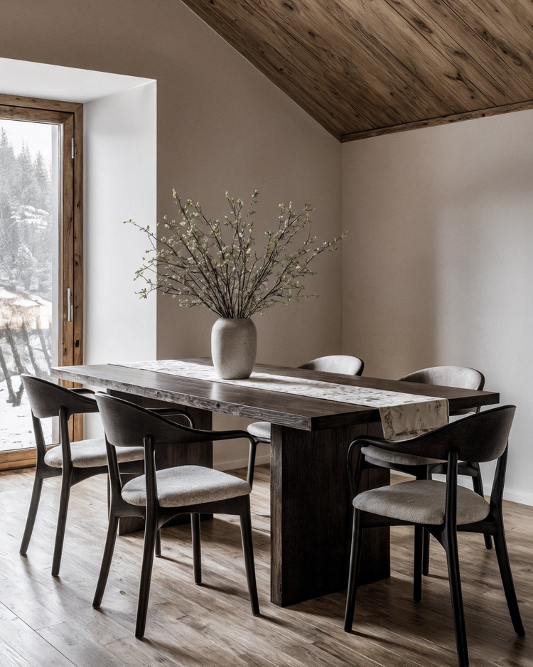 Interior of a dining room with a wooden table, six chairs with light cushions, a large vase with branches, and a window overlooking a snowy landscape.