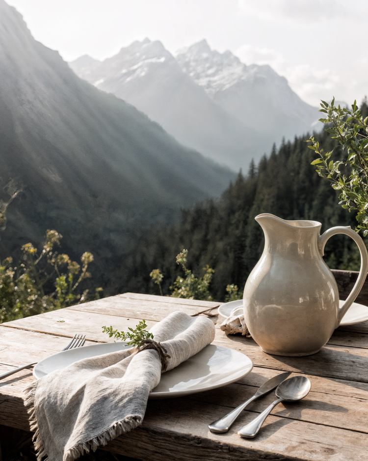 A rustic outdoor table set for a meal with a mountain landscape in the background, featuring a white ceramic pitcher, a plate with a napkin, and utensils.