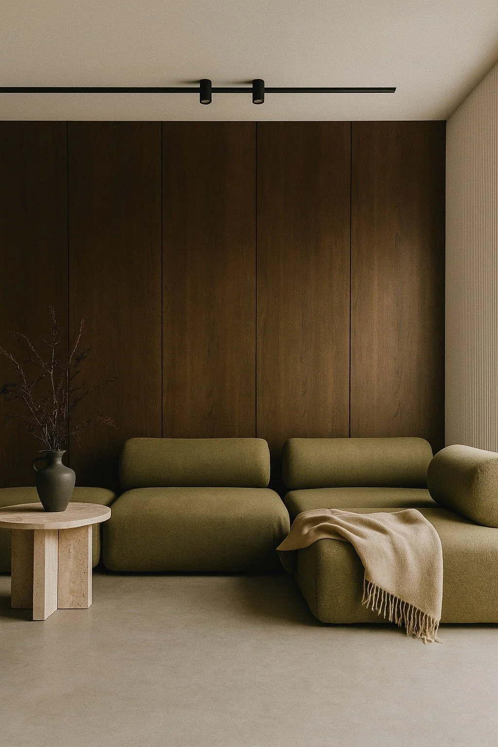 A minimalist living room with a green sectional sofa, a beige throw blanket, a small round light-colored wooden side table with a dark vase and branches, dark wood panel wall, and a textured white wall, illuminated by a black ceiling-mounted track li