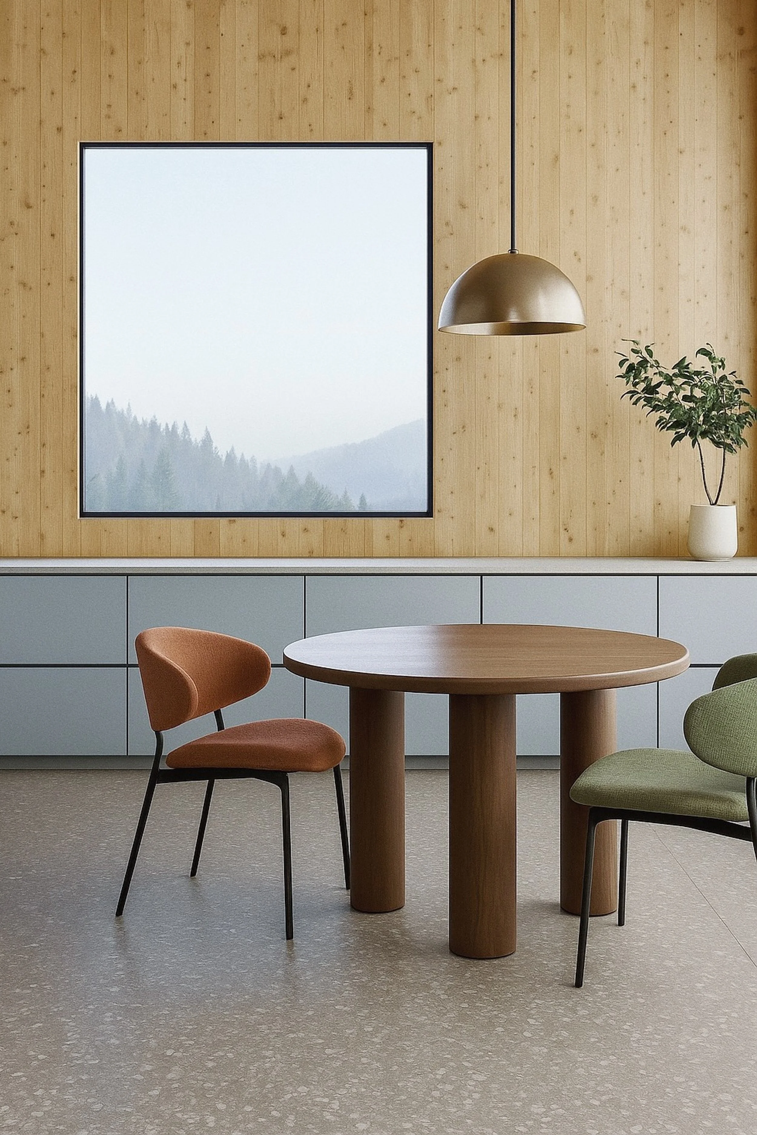 Modern dining area with a wooden round table, two chairs with upholstered seats in orange and green, a large window showing mountains and trees, a hanging brass lamp, and a potted plant on a light-colored cabinet against a wooden wall.