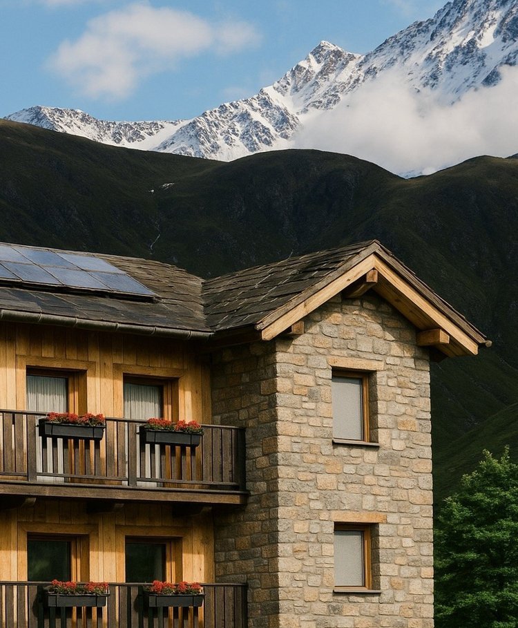 A rustic mountain house with wooden and stone walls, balconies with flower boxes, and a mountainous landscape with snow-capped peaks in the background.