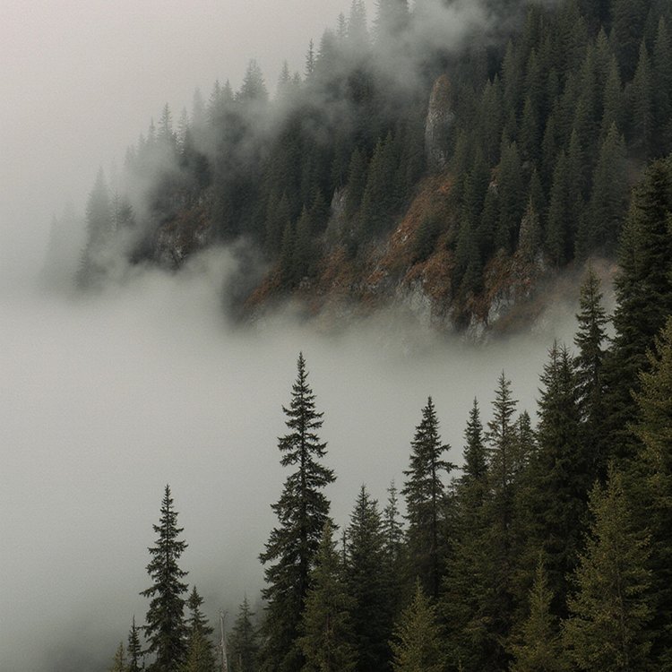 Dense forest of coniferous trees on a misty mountain with fog rolling through the trees and foggy atmosphere.
