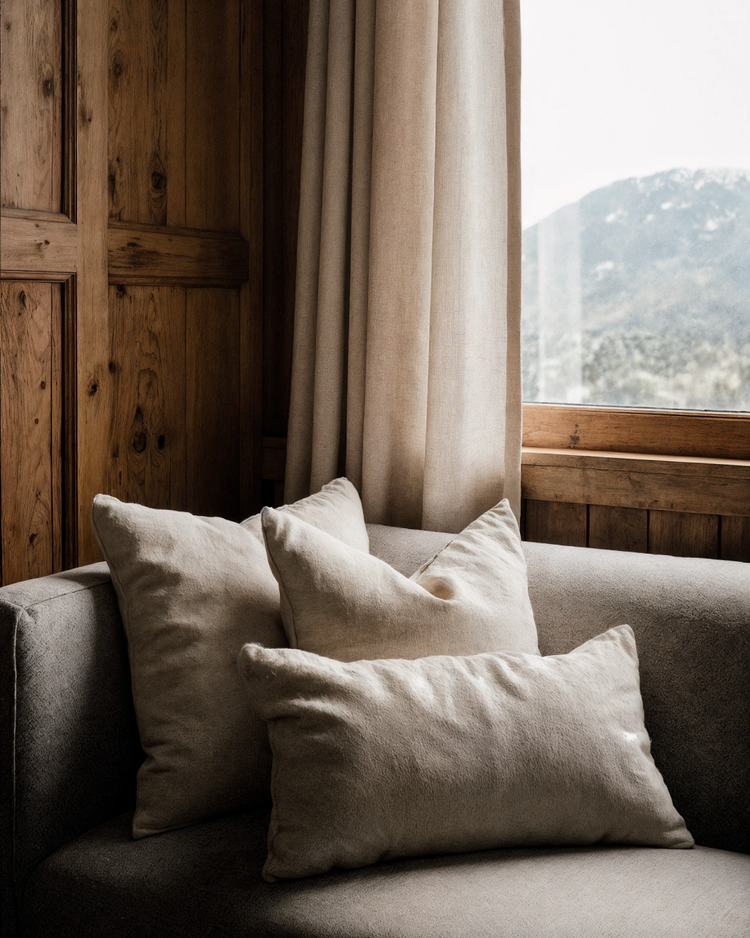 A cosy corner with beige pillows on a gray sofa, wooden walls, beige curtains, and a window showing a mountain landscape.