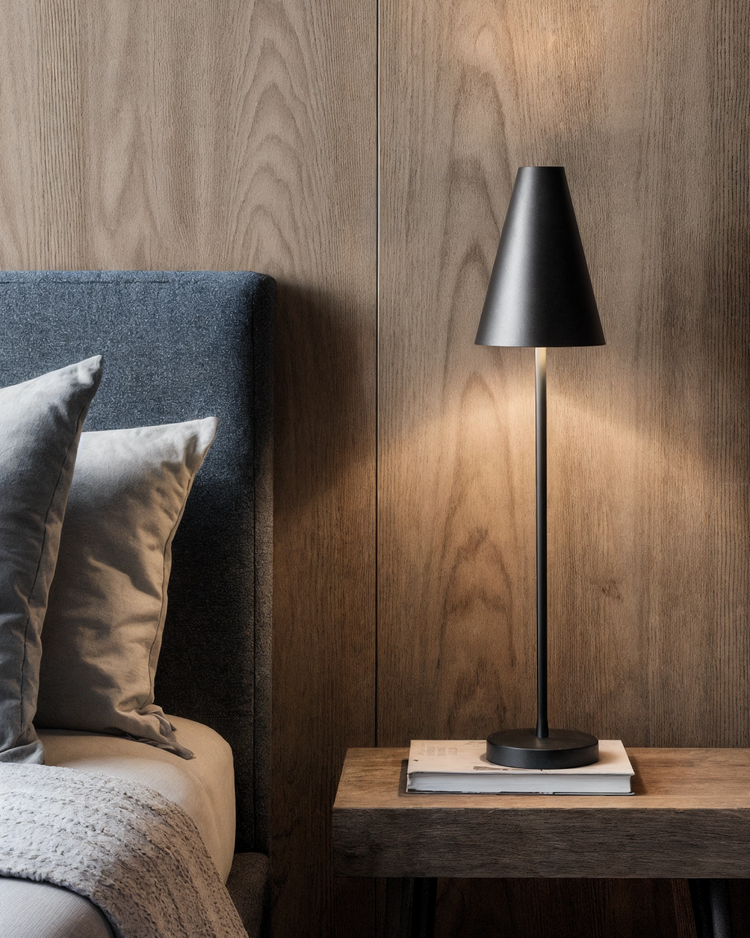 A bedroom nightstand with a modern black table lamp and a stack of magazines or books. Part of a bed with pillows is visible on the left, all against a wooden wall.