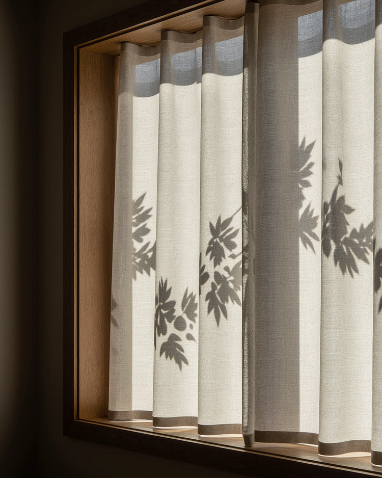Sunlight casts shadow of leaves from outside onto a white curtain hanging in a wooden window frame.