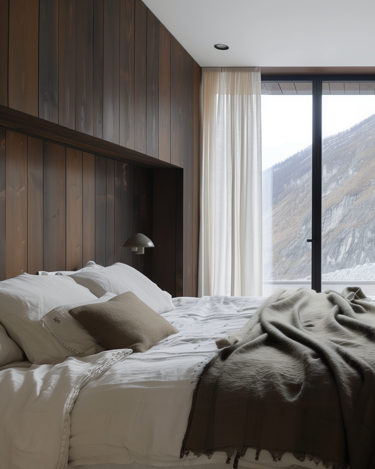 A bedroom with a bed, white pillows, brown pillow, beige blanket, dark wooden wall, large window with mountain view, and curtains.