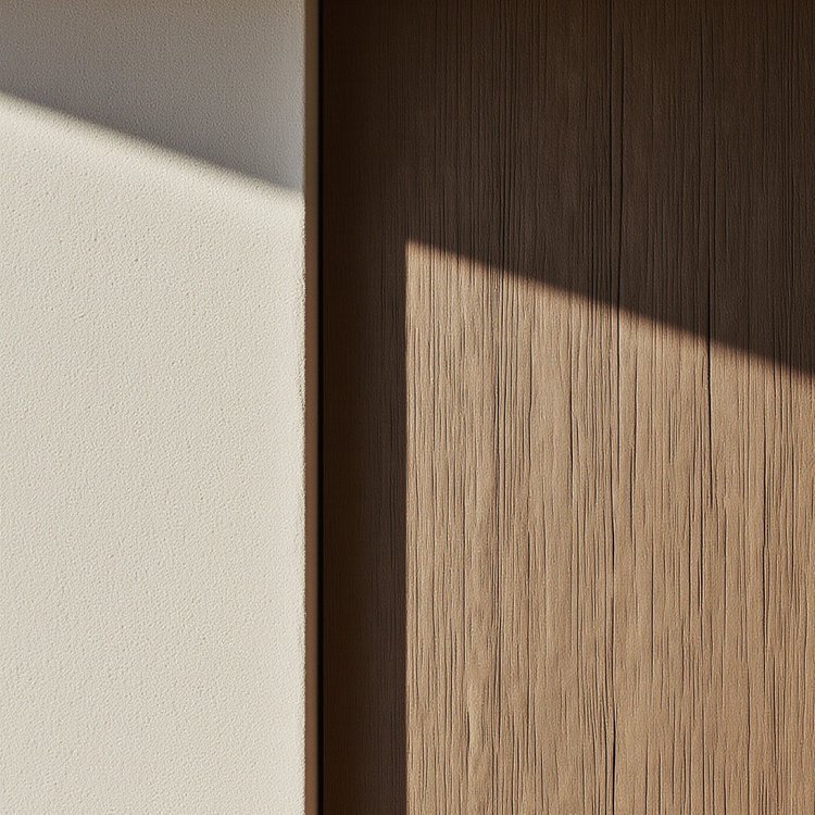 Close-up of a corner where a textured white wall meets a wooden panel, with sunlight casting a shadow across both surfaces.