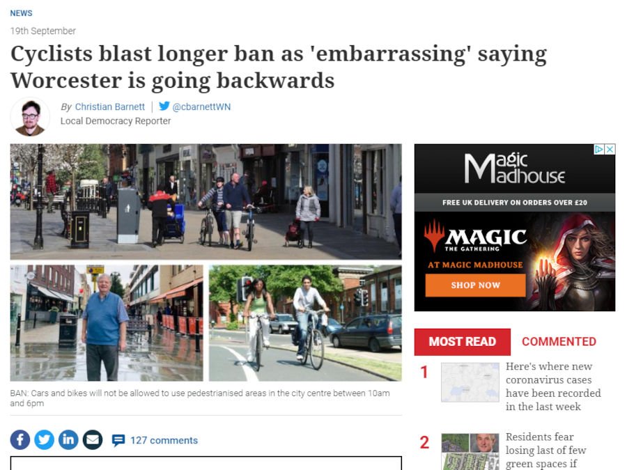 Extension of cycling ban in Worcester city centre 'an embarrassment'