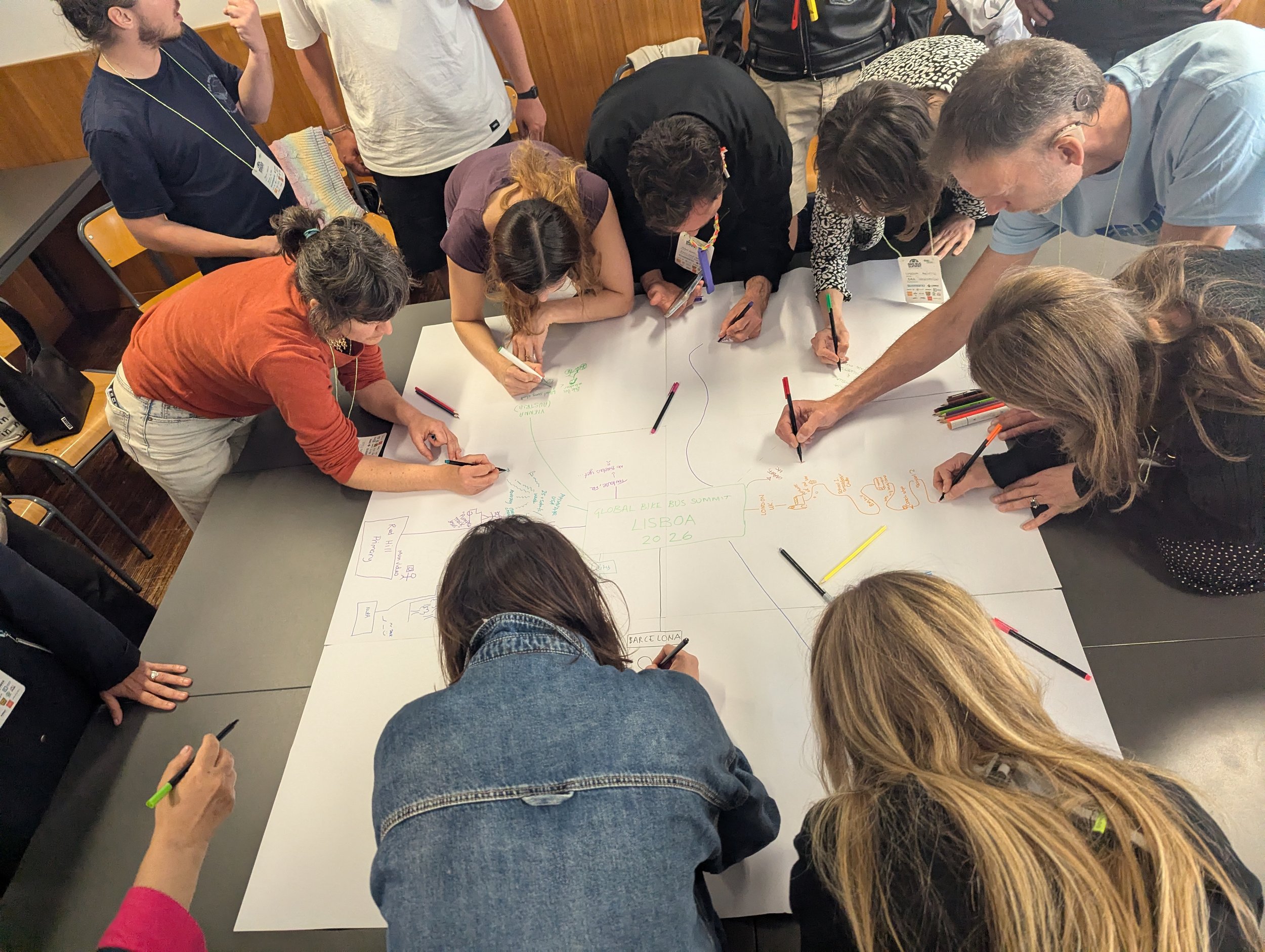 A group of people around a table, writing and drawing on a large piece of paper