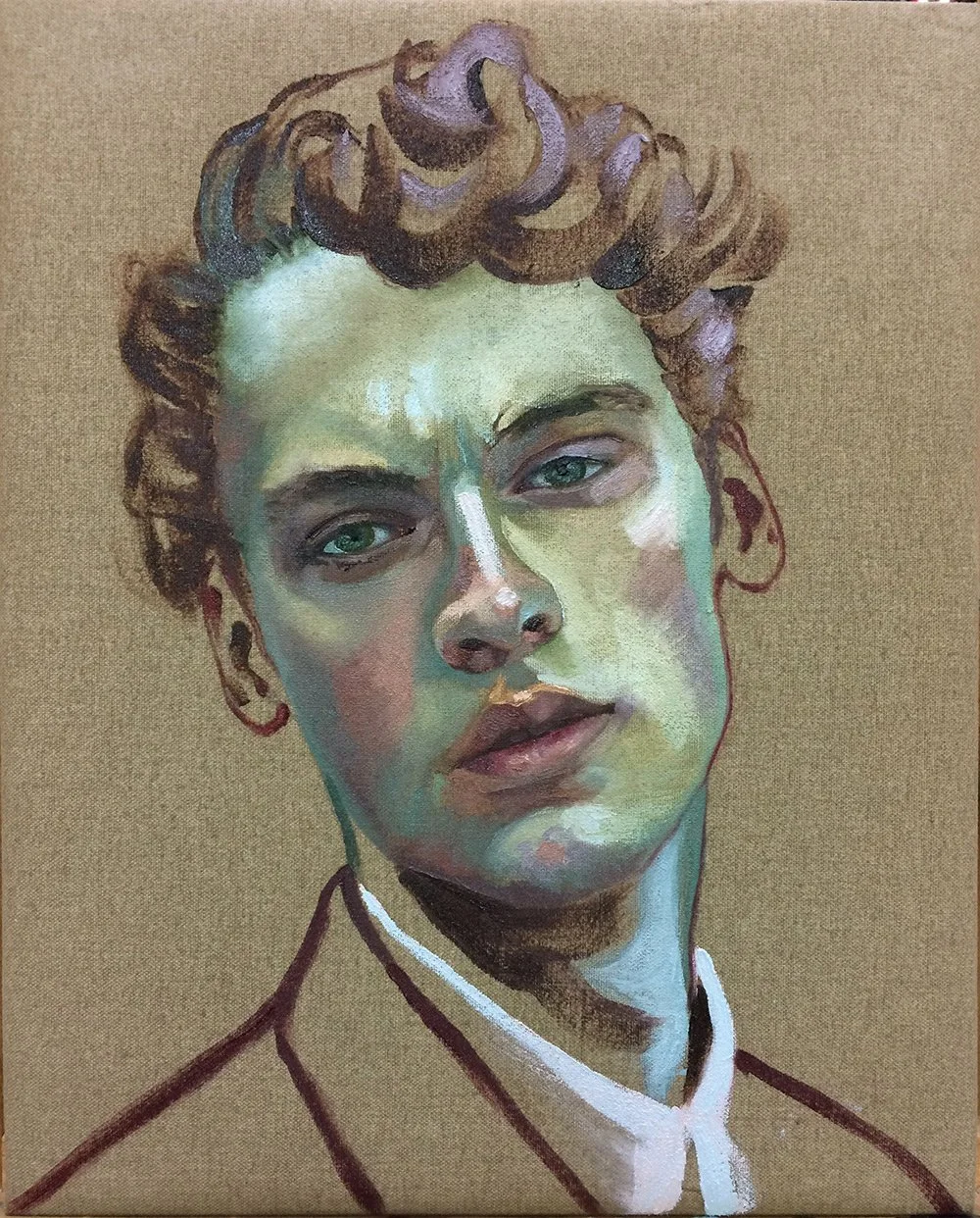 A portrait of a young person with wavy reddish-brown hair, light skin with green and pink undertones, wearing a collared shirt, painted in an expressive style.