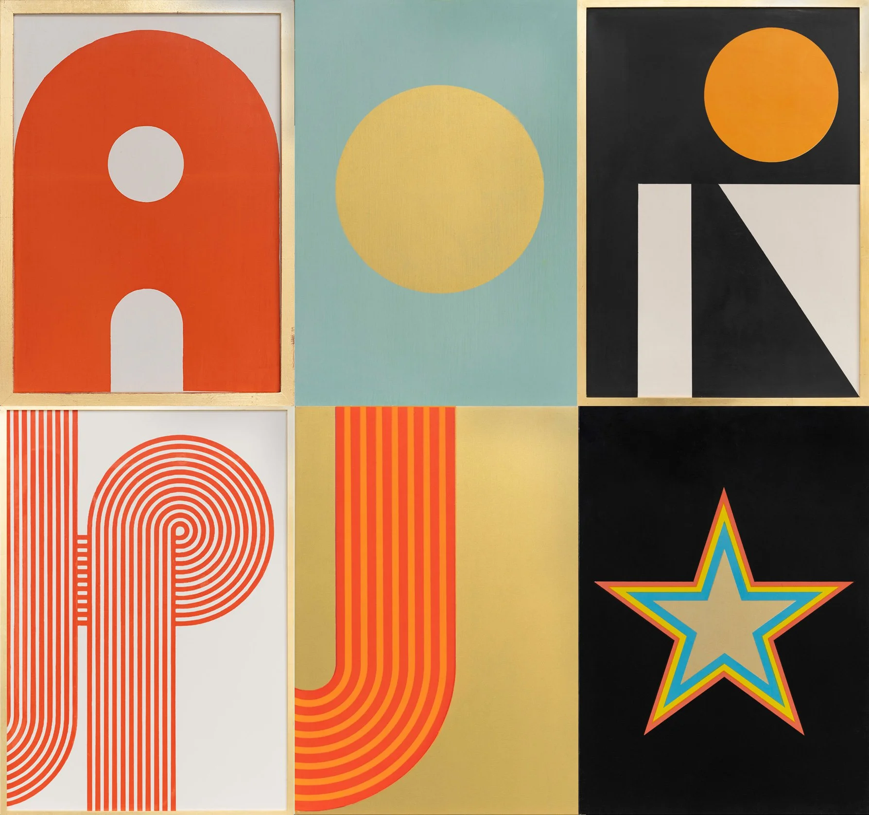 A selection of Alphabet Works Screen printed artworks in a grid